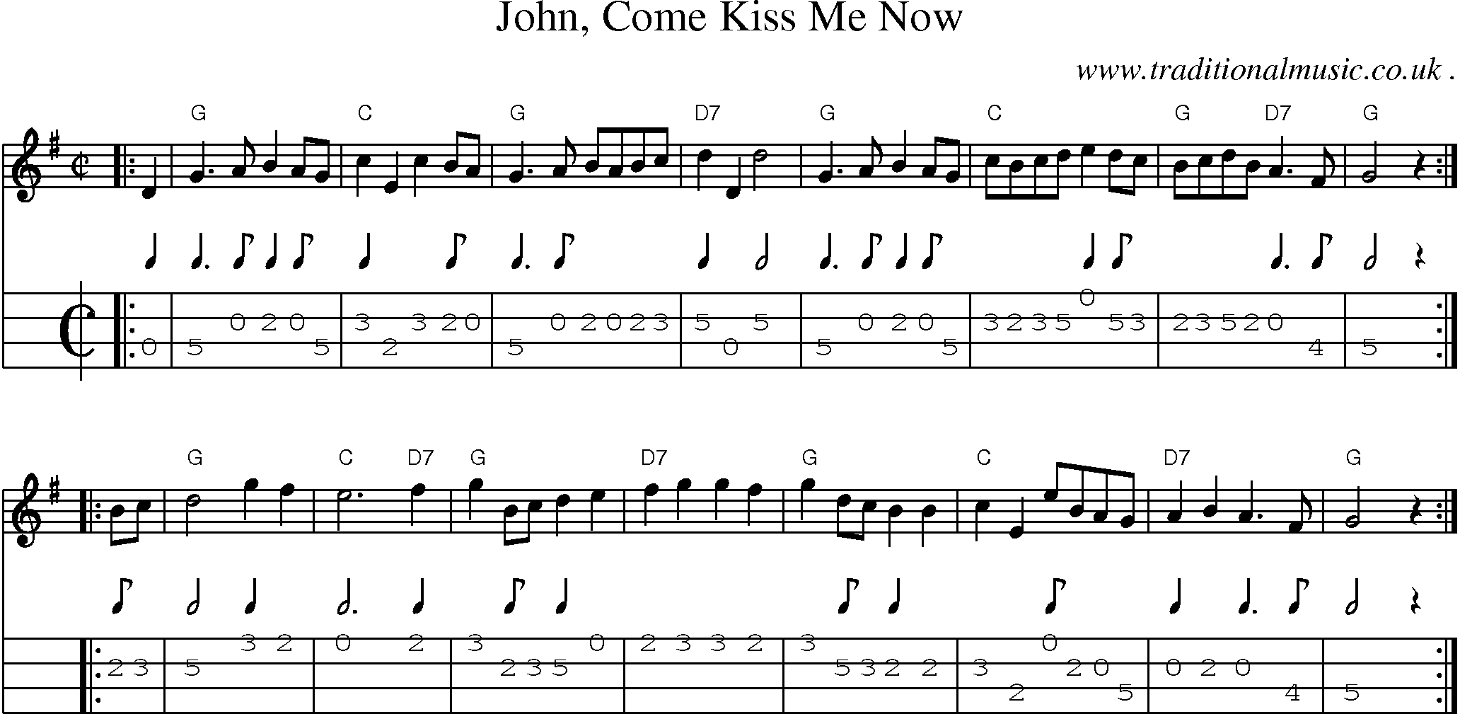 Sheet-music  score, Chords and Mandolin Tabs for John Come Kiss Me Now