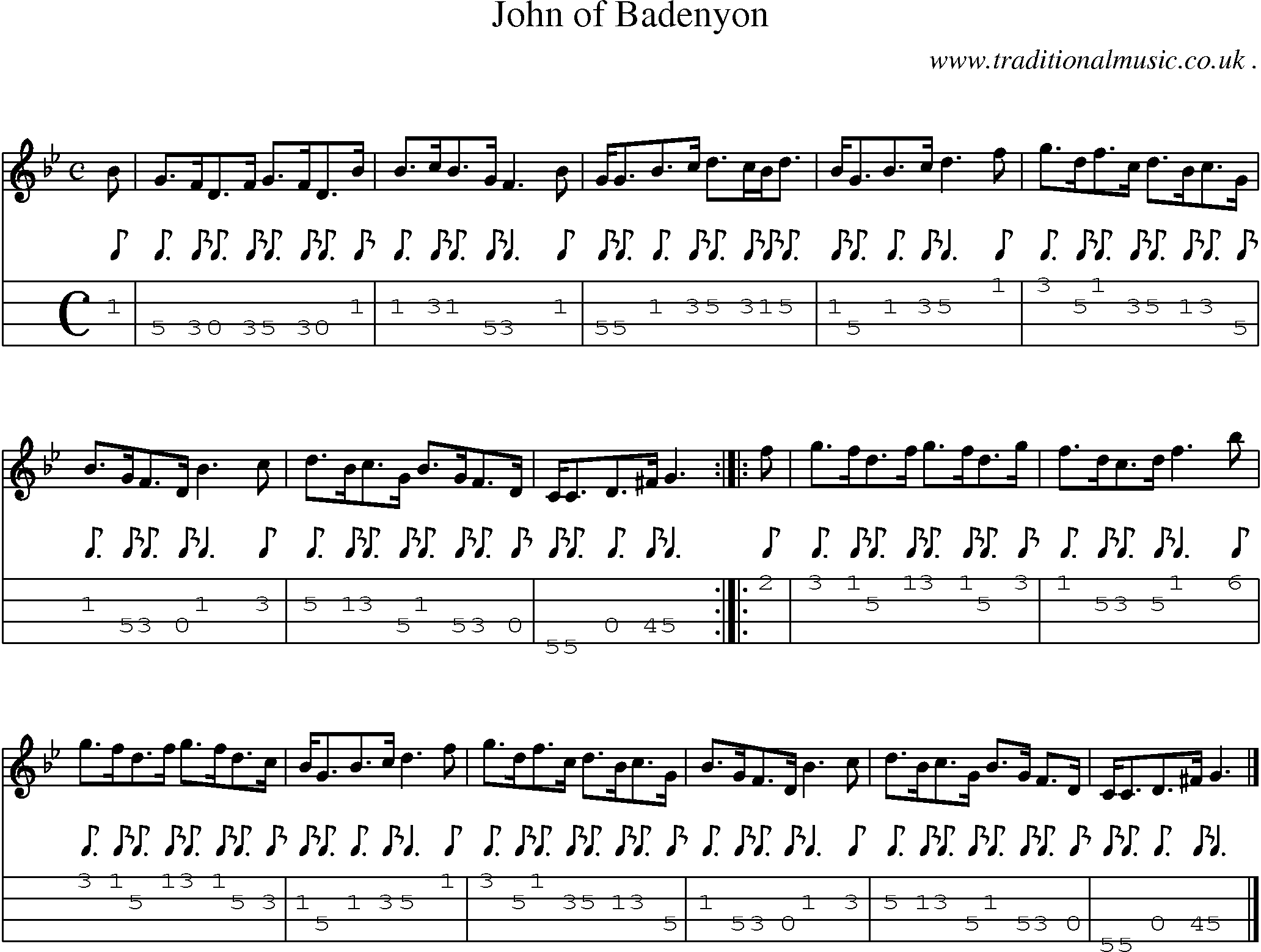 Sheet-music  score, Chords and Mandolin Tabs for John Of Badenyon