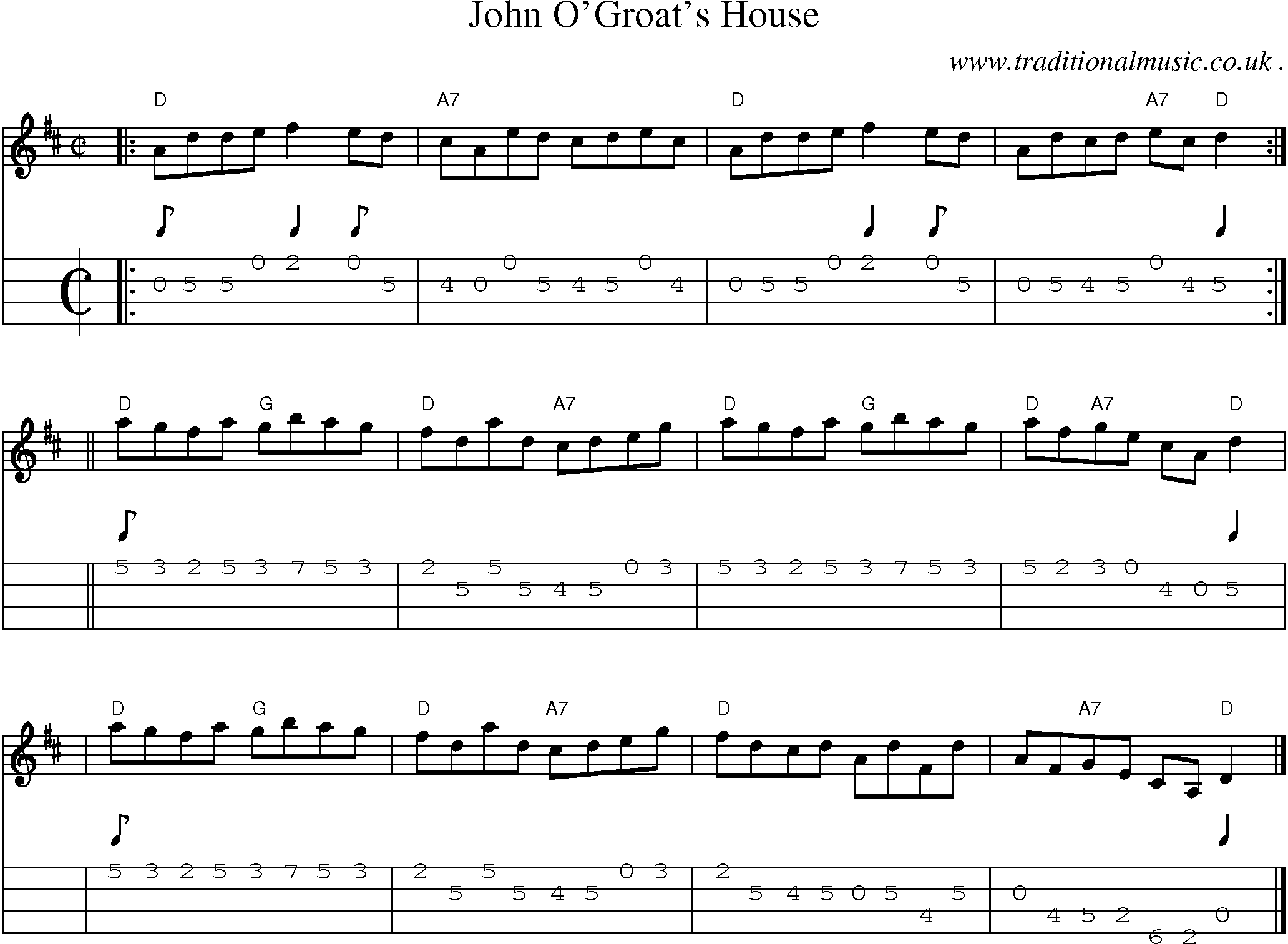 Sheet-music  score, Chords and Mandolin Tabs for John Ogroats House