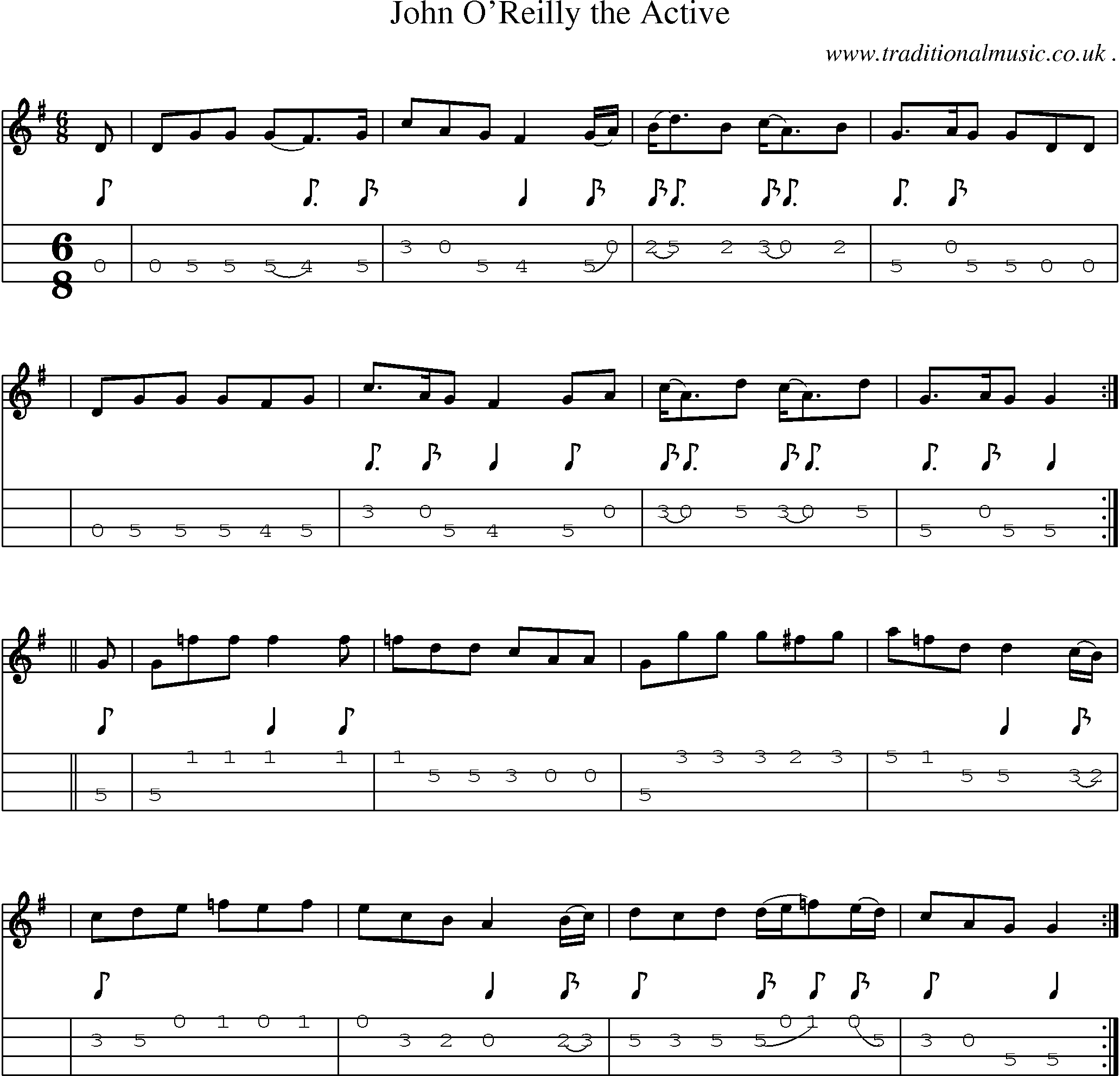 Sheet-music  score, Chords and Mandolin Tabs for John Oreilly The Active