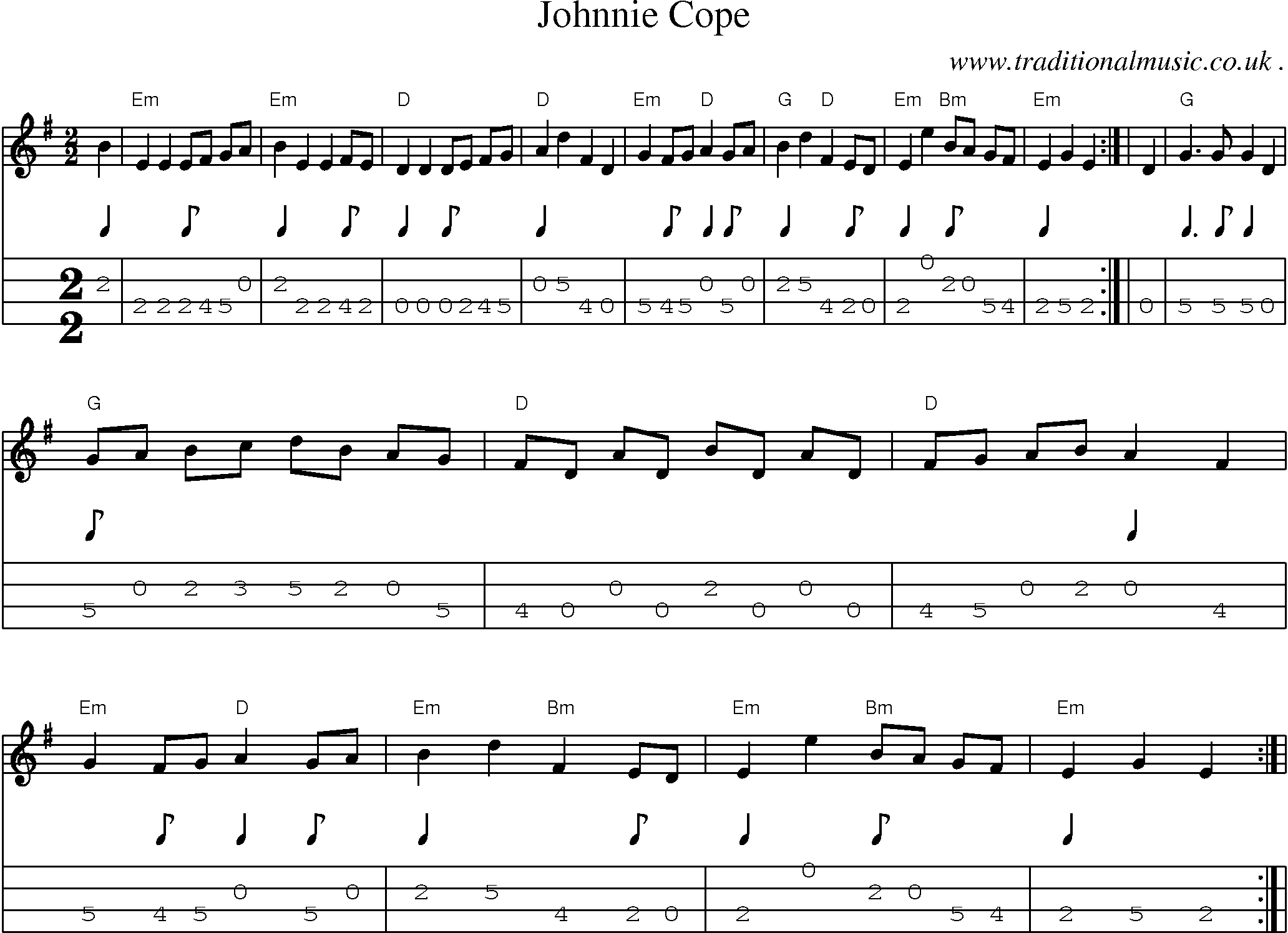 Sheet-music  score, Chords and Mandolin Tabs for Johnnie Cope