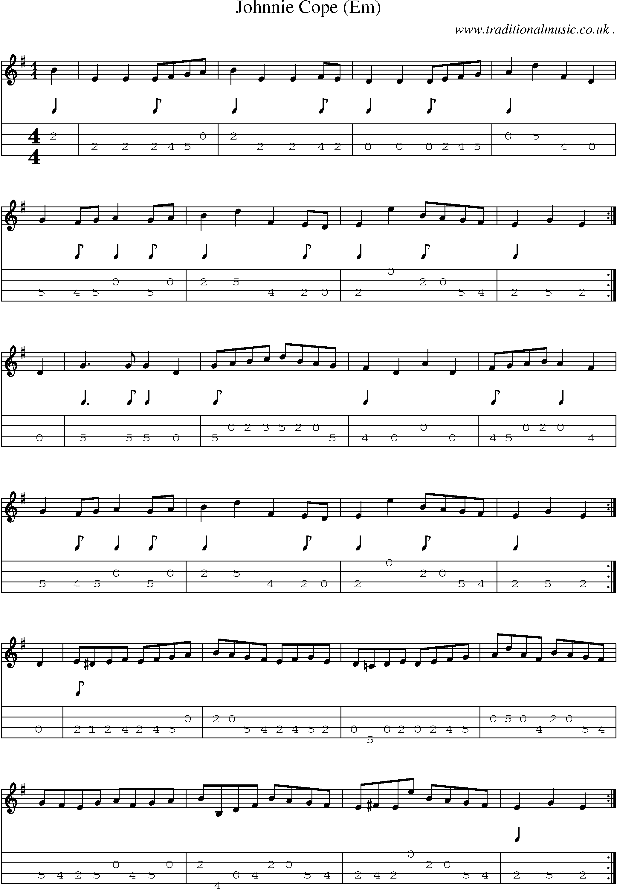 Sheet-music  score, Chords and Mandolin Tabs for Johnnie Cope Em