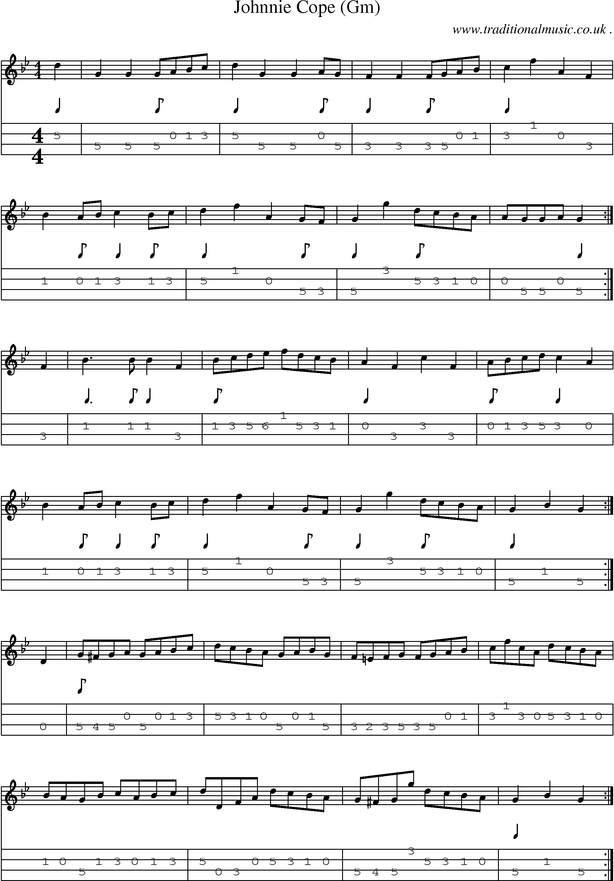Sheet-music  score, Chords and Mandolin Tabs for Johnnie Cope Gm