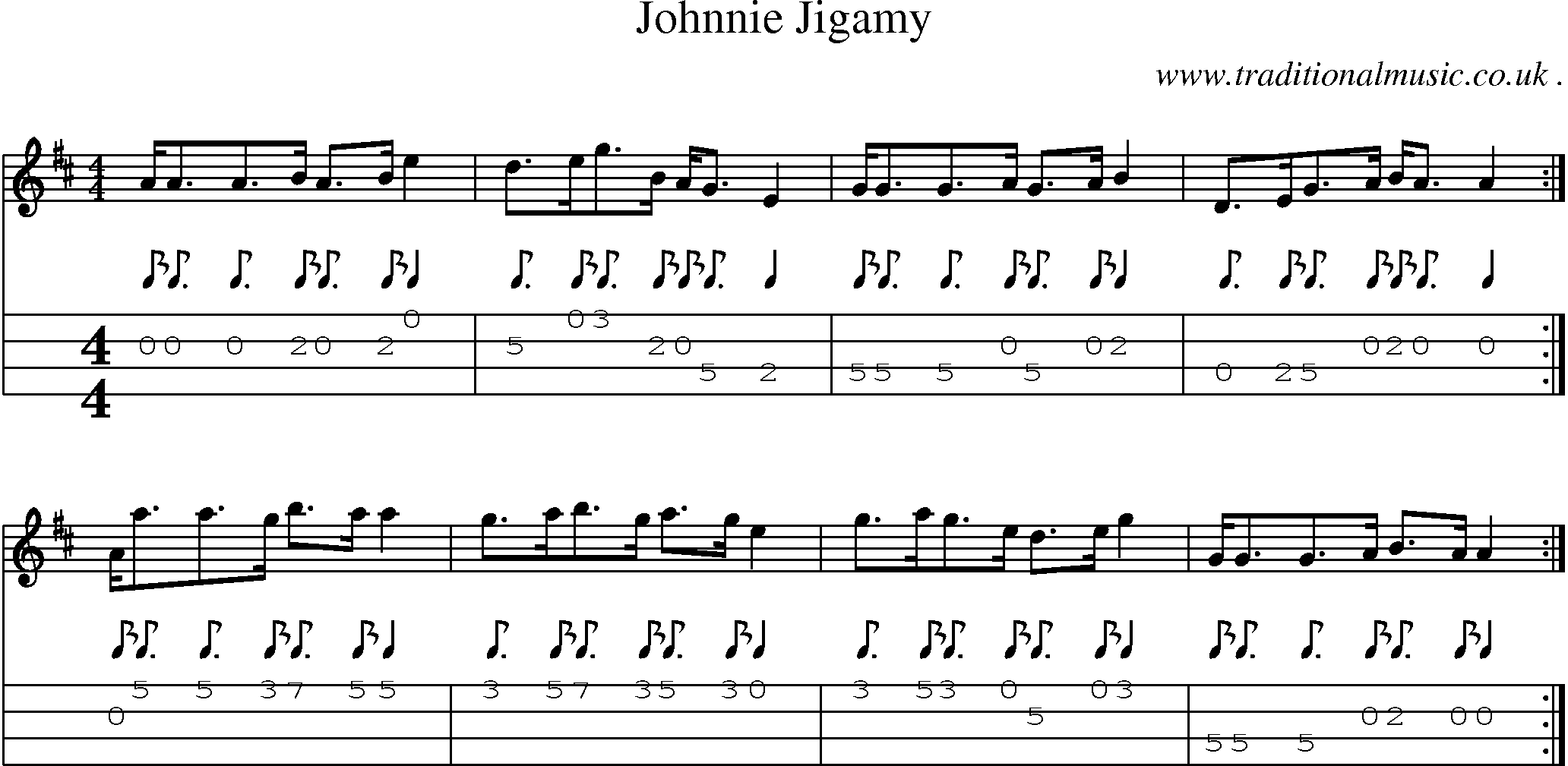 Sheet-music  score, Chords and Mandolin Tabs for Johnnie Jigamy