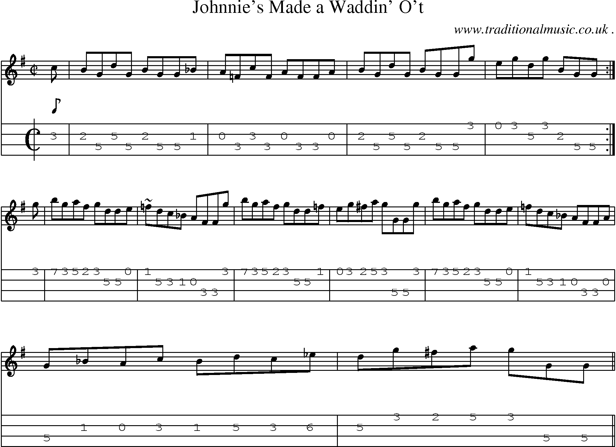 Sheet-music  score, Chords and Mandolin Tabs for Johnnies Made A Waddin Ot