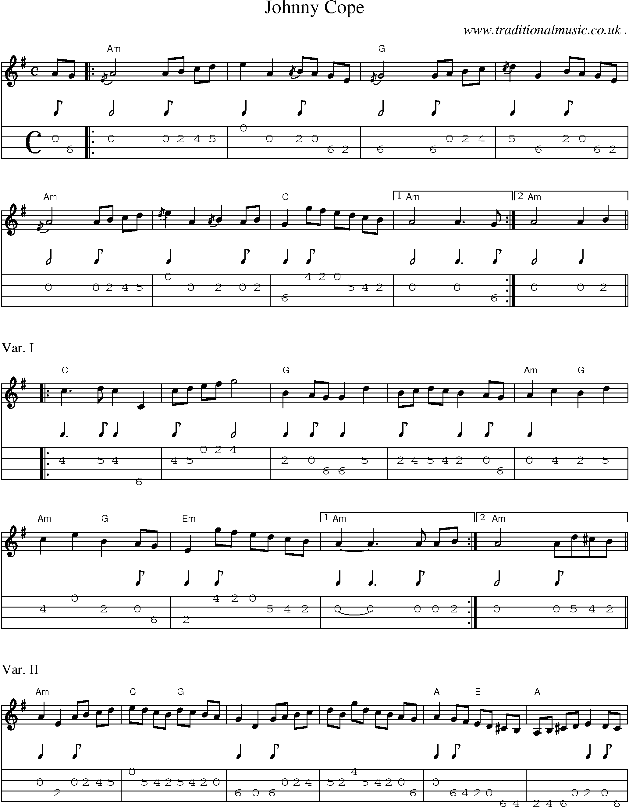 Sheet-music  score, Chords and Mandolin Tabs for Johnny Cope