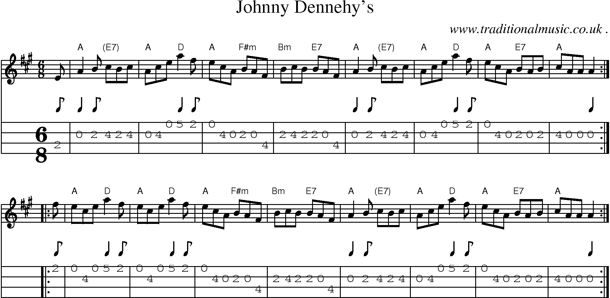 Sheet-music  score, Chords and Mandolin Tabs for Johnny Dennehys
