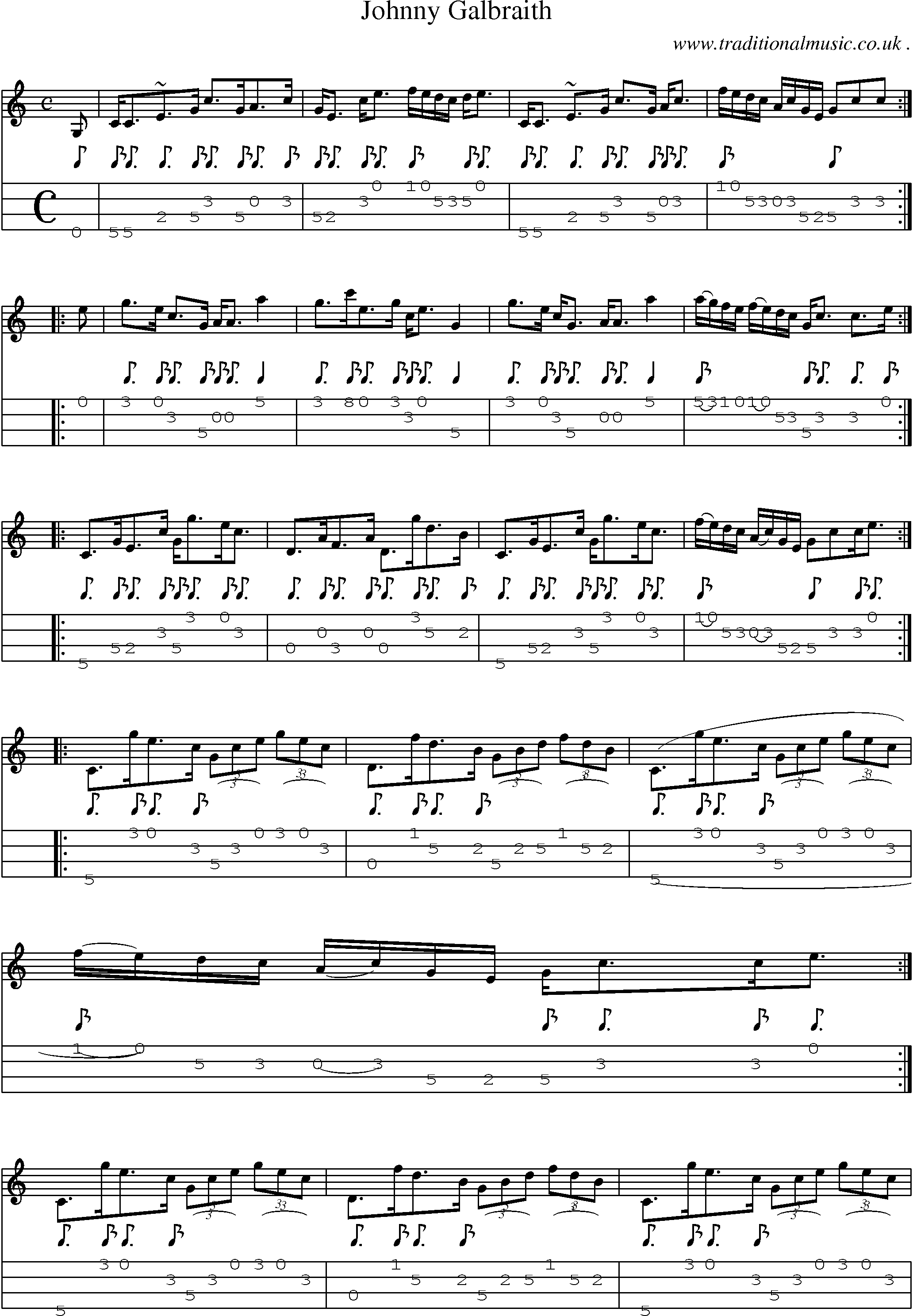 Sheet-music  score, Chords and Mandolin Tabs for Johnny Galbraith