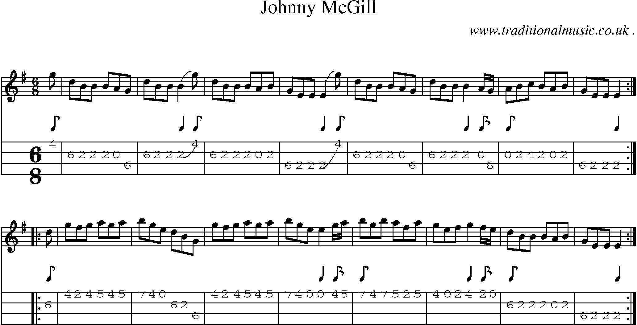 Sheet-music  score, Chords and Mandolin Tabs for Johnny Mcgill