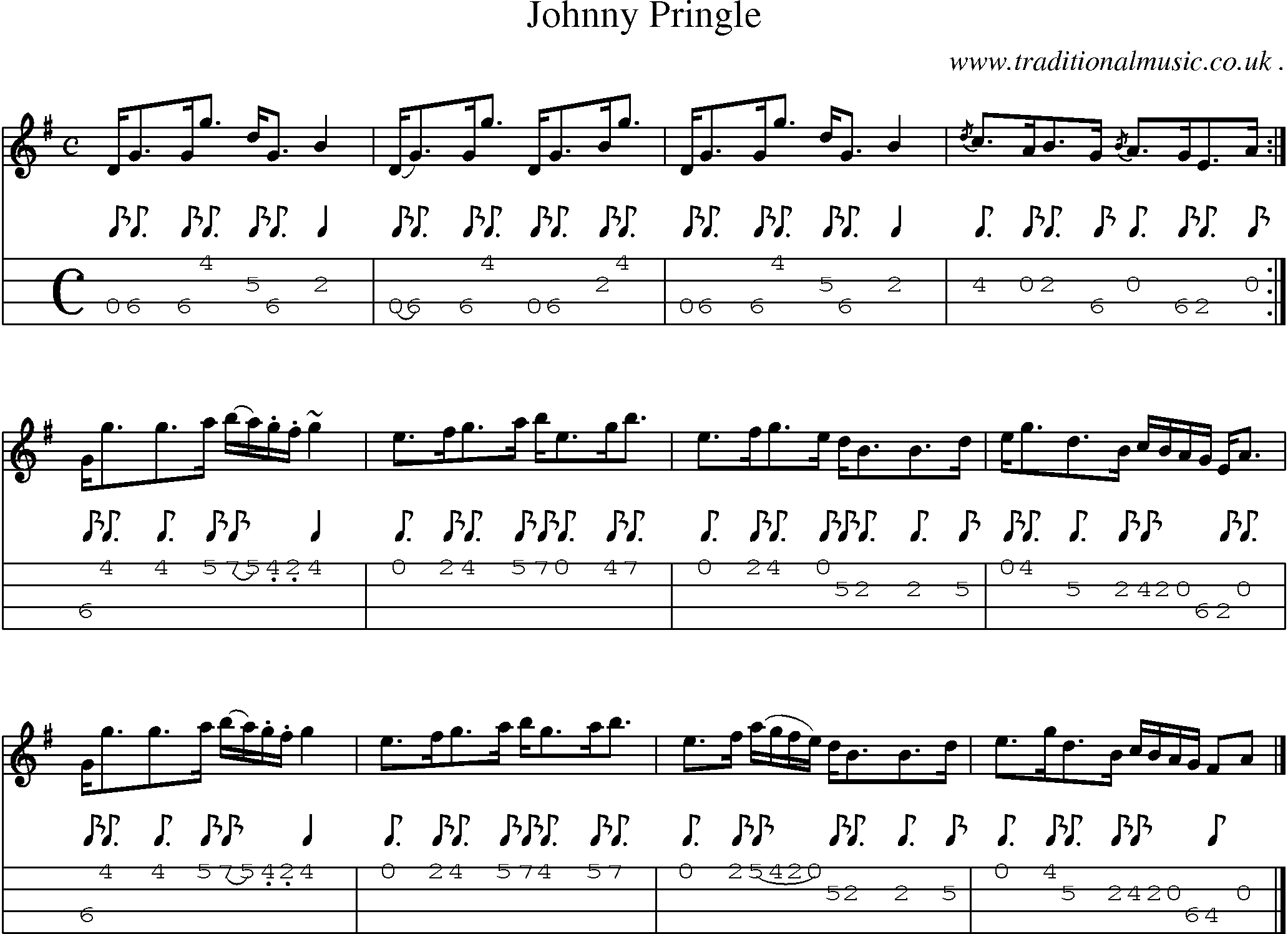 Sheet-music  score, Chords and Mandolin Tabs for Johnny Pringle