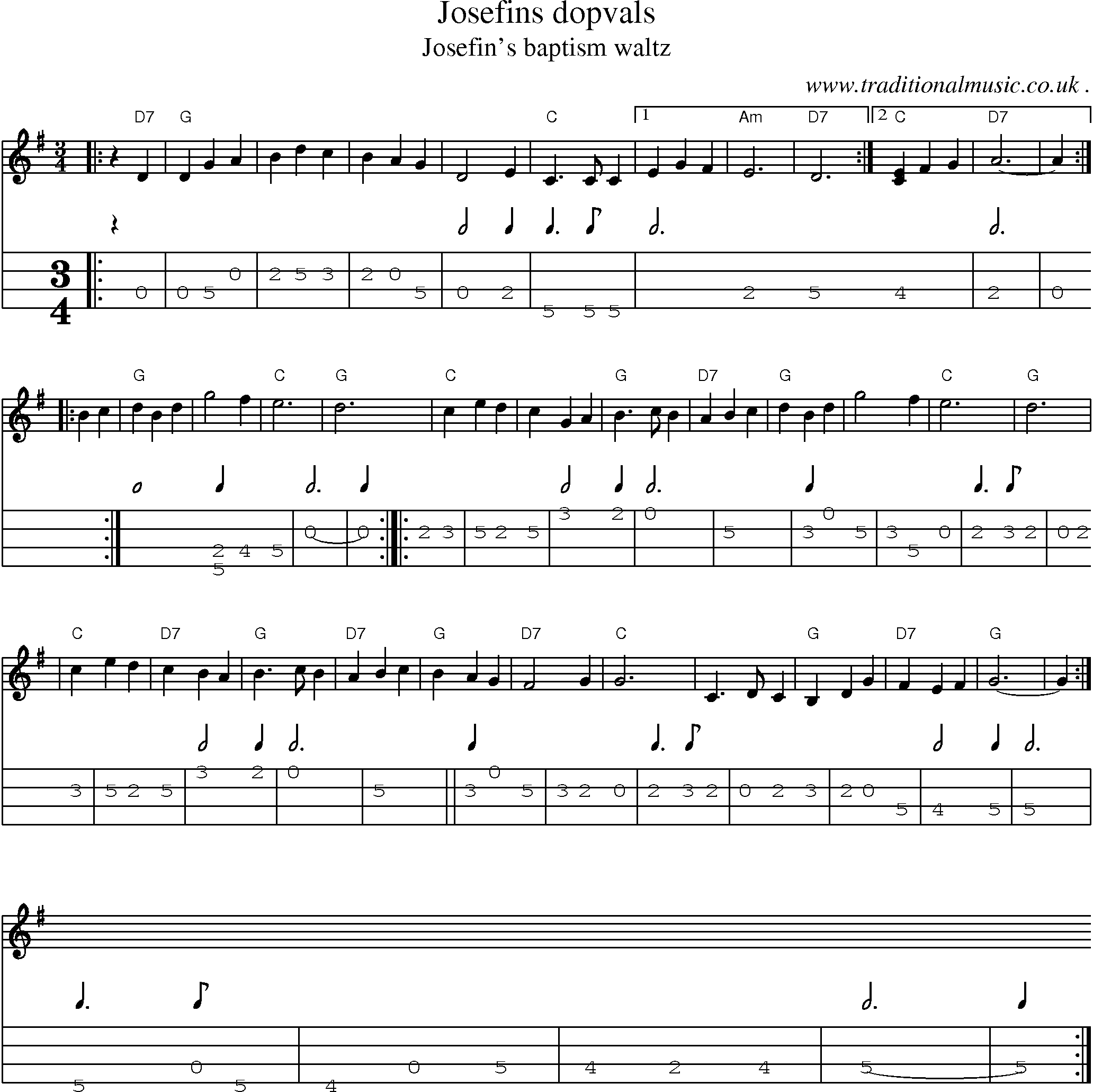 Sheet-music  score, Chords and Mandolin Tabs for Josefins Dopvals
