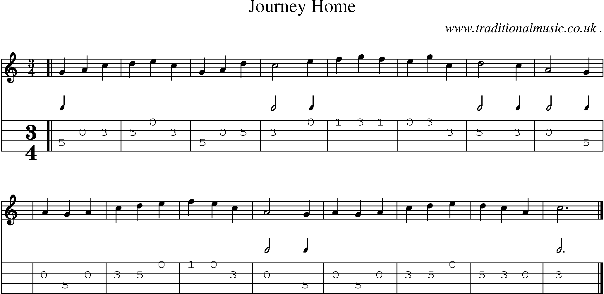 Sheet-music  score, Chords and Mandolin Tabs for Journey Home
