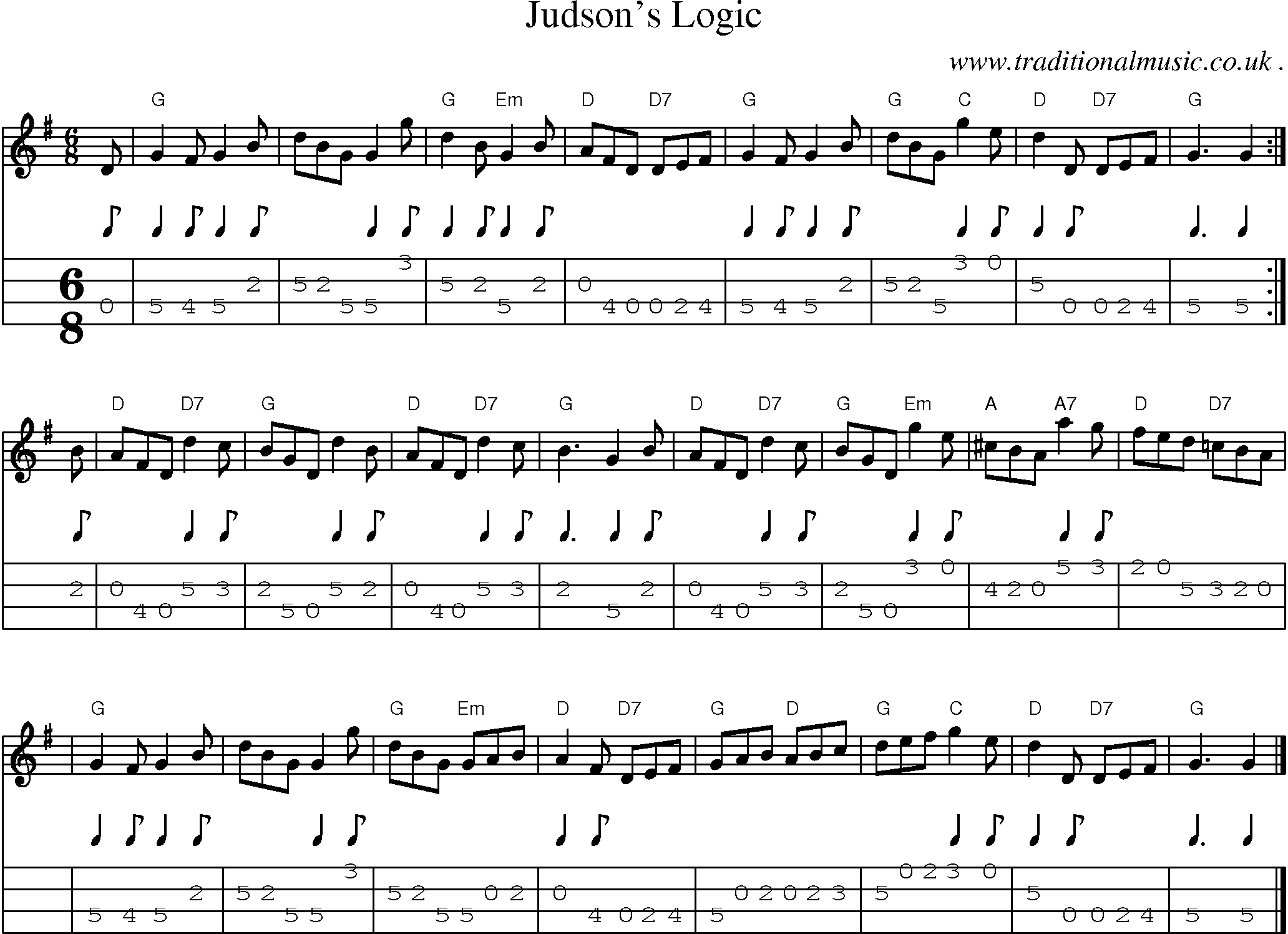 Sheet-music  score, Chords and Mandolin Tabs for Judsons Logic