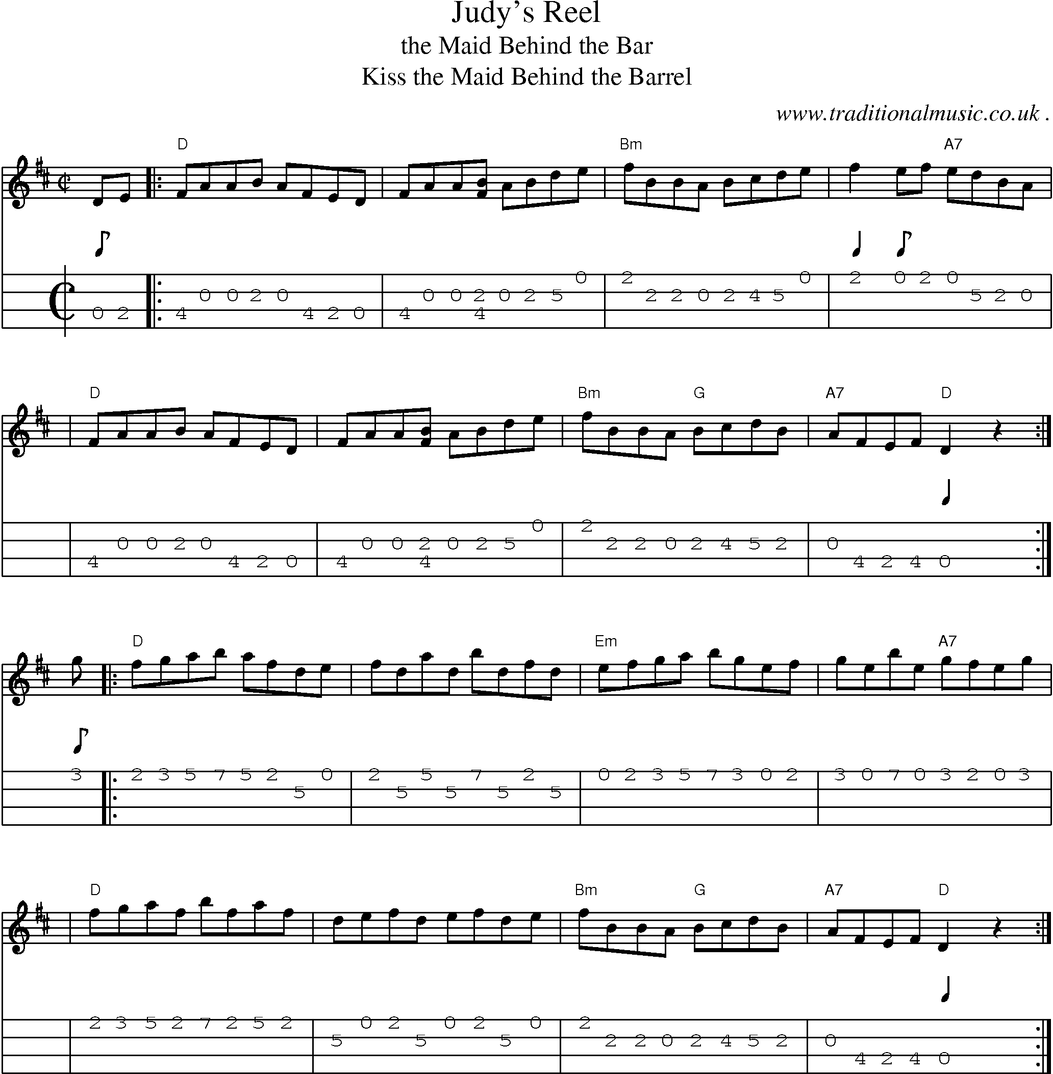 Sheet-music  score, Chords and Mandolin Tabs for Judys Reel