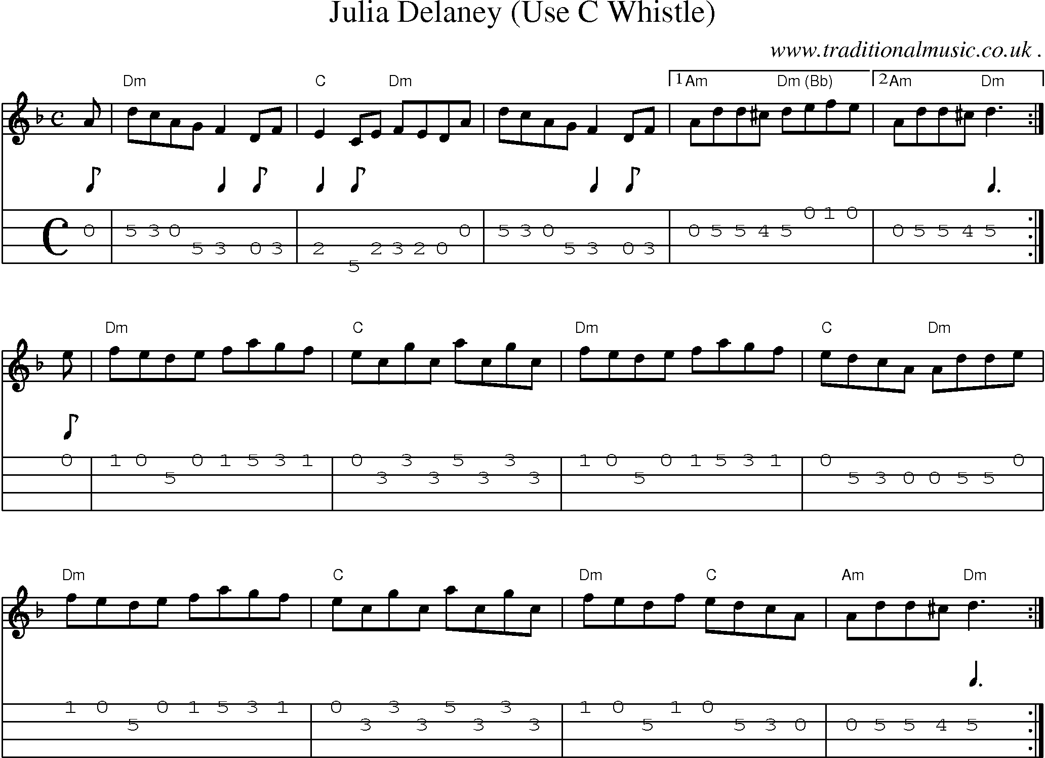 Sheet-music  score, Chords and Mandolin Tabs for Julia Delaney Use C Whistle