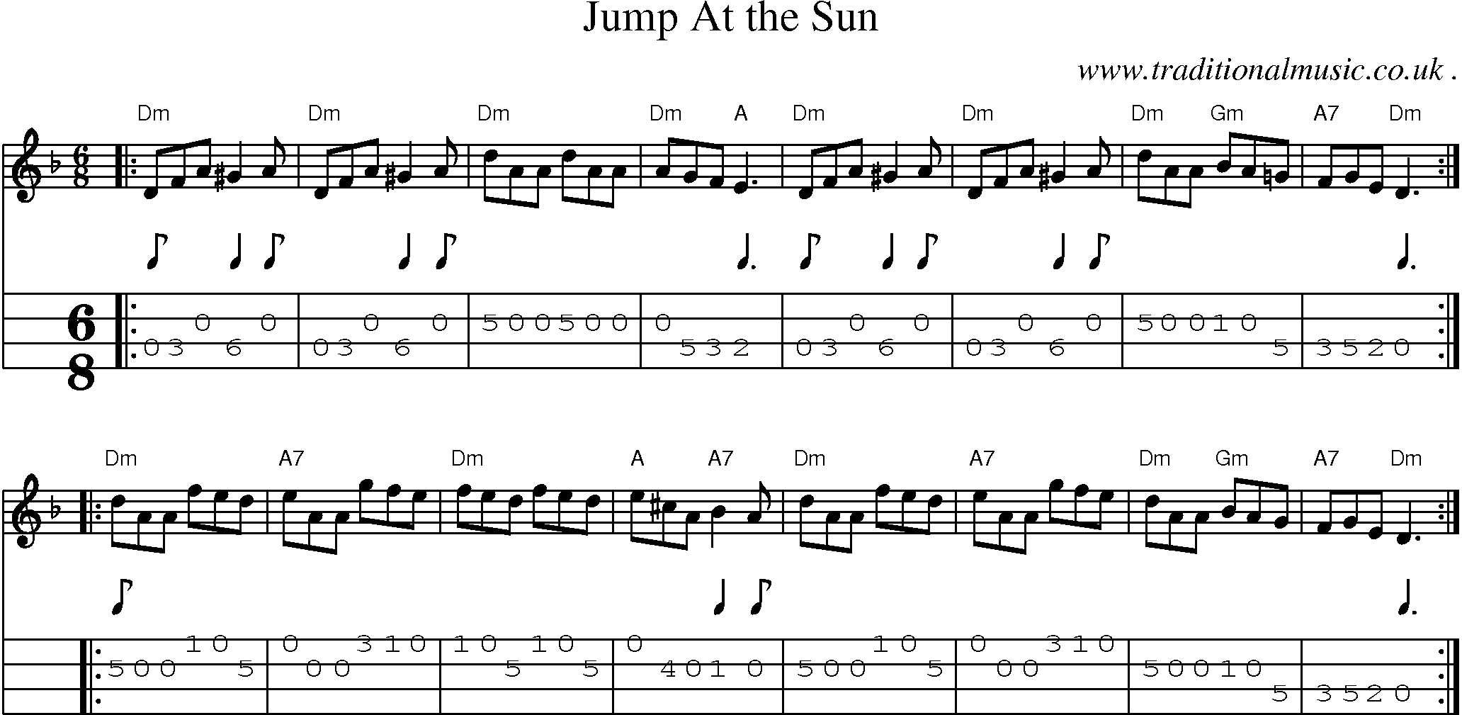 Sheet-music  score, Chords and Mandolin Tabs for Jump At The Sun