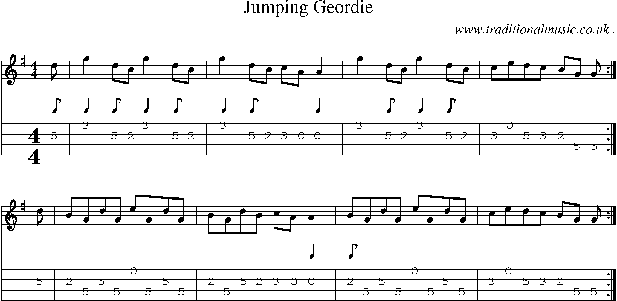 Sheet-music  score, Chords and Mandolin Tabs for Jumping Geordie