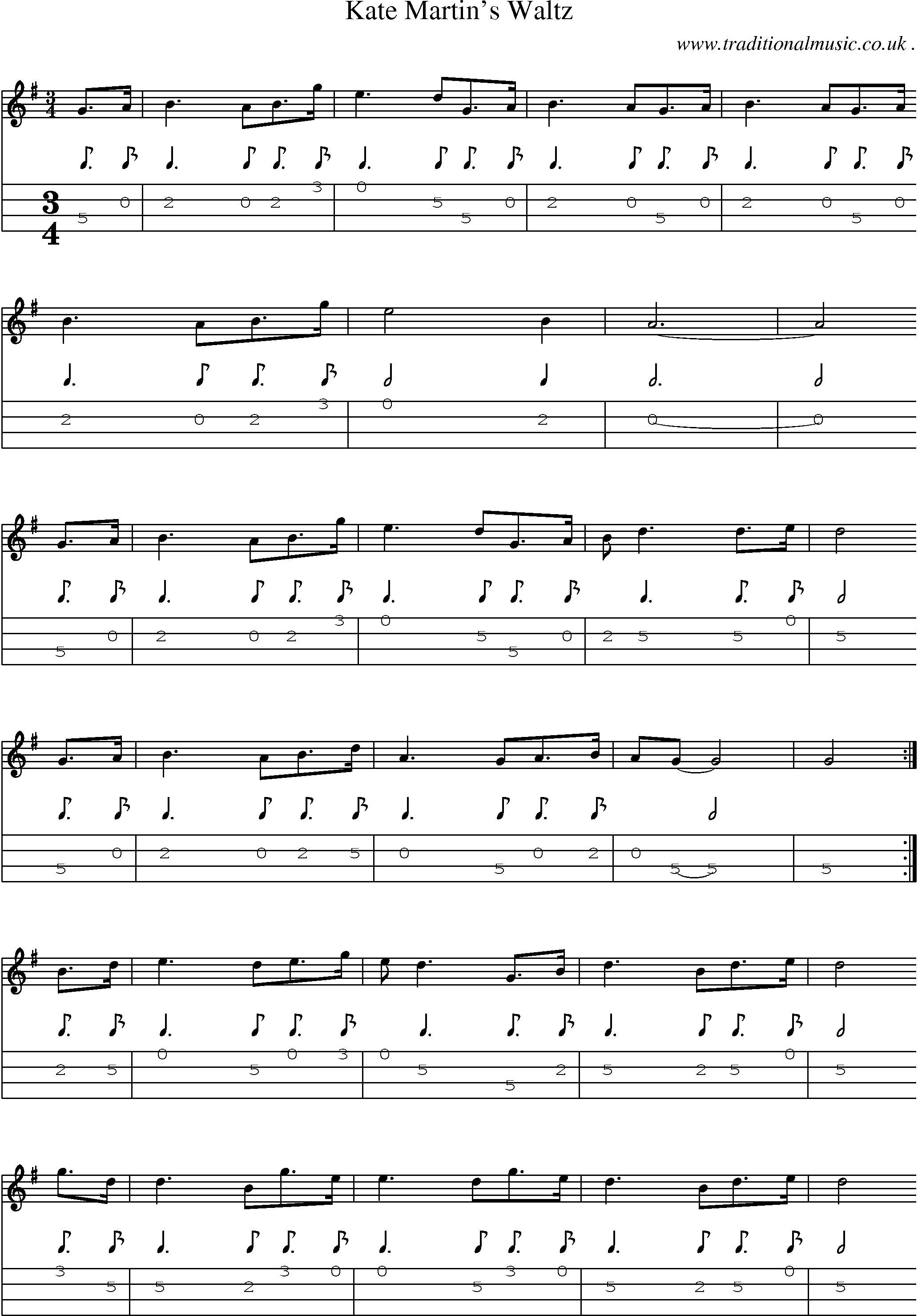 Sheet-music  score, Chords and Mandolin Tabs for Kate Martins Waltz