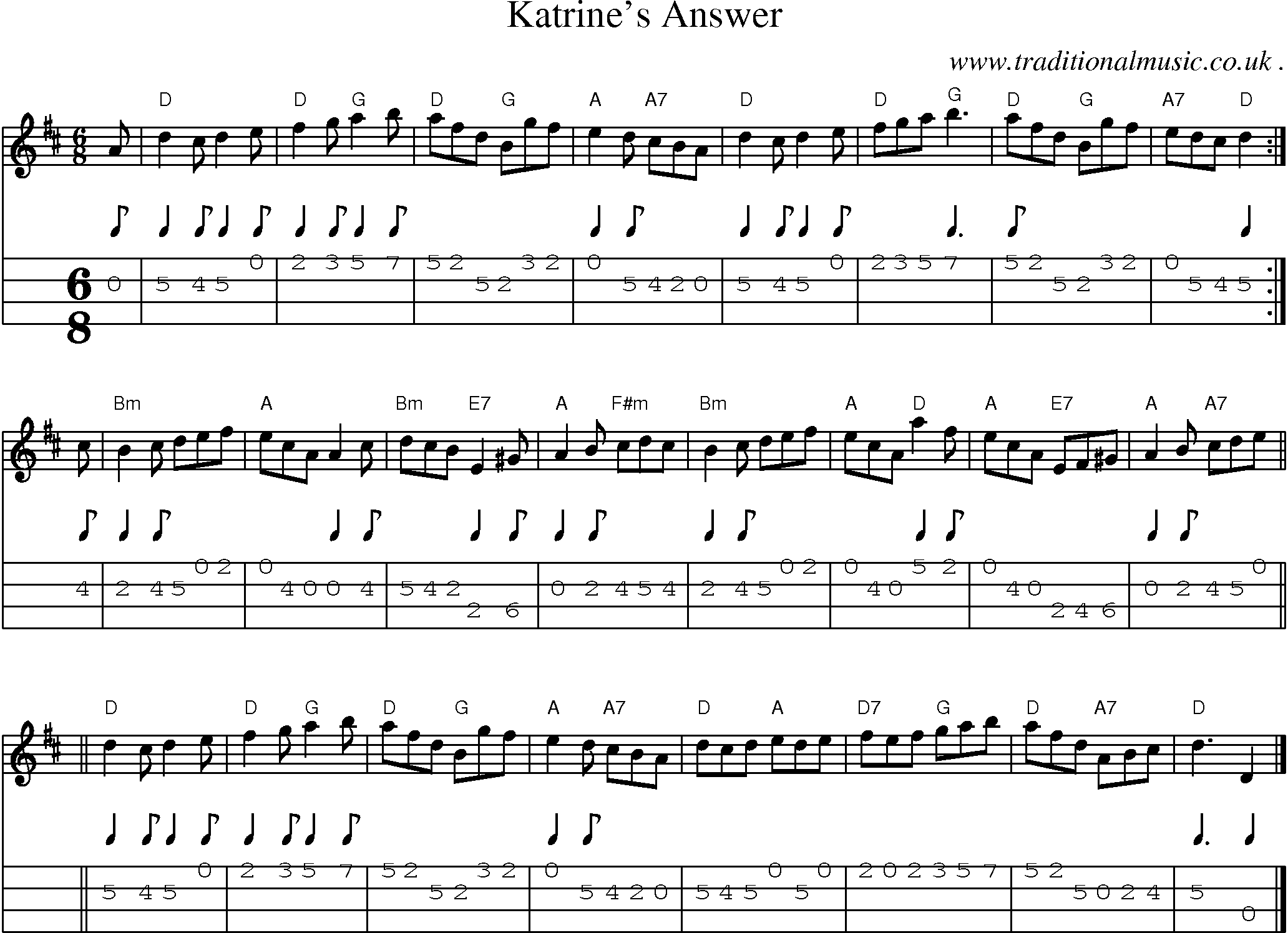 Sheet-music  score, Chords and Mandolin Tabs for Katrines Answer