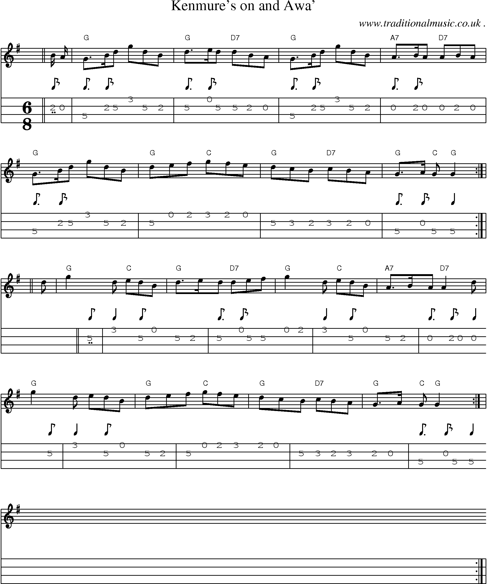 Sheet-music  score, Chords and Mandolin Tabs for Kenmures On And Awa