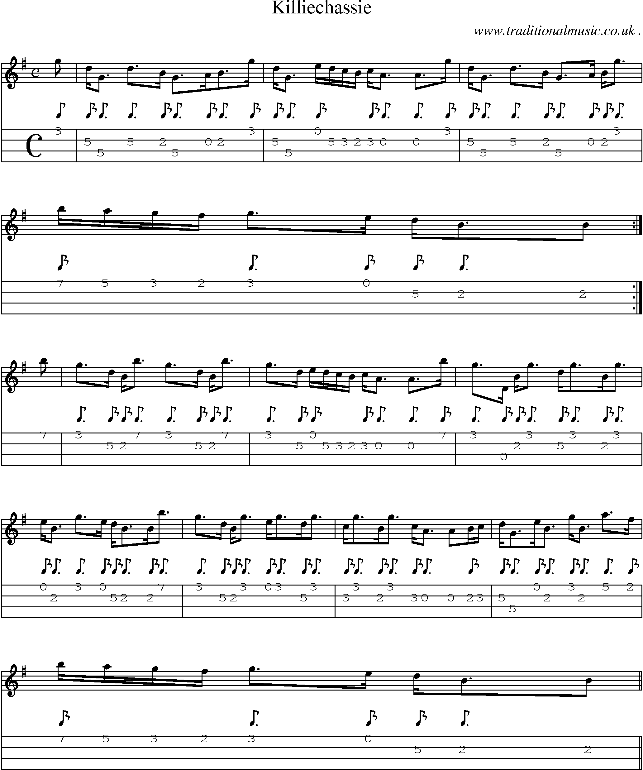 Sheet-music  score, Chords and Mandolin Tabs for Killiechassie