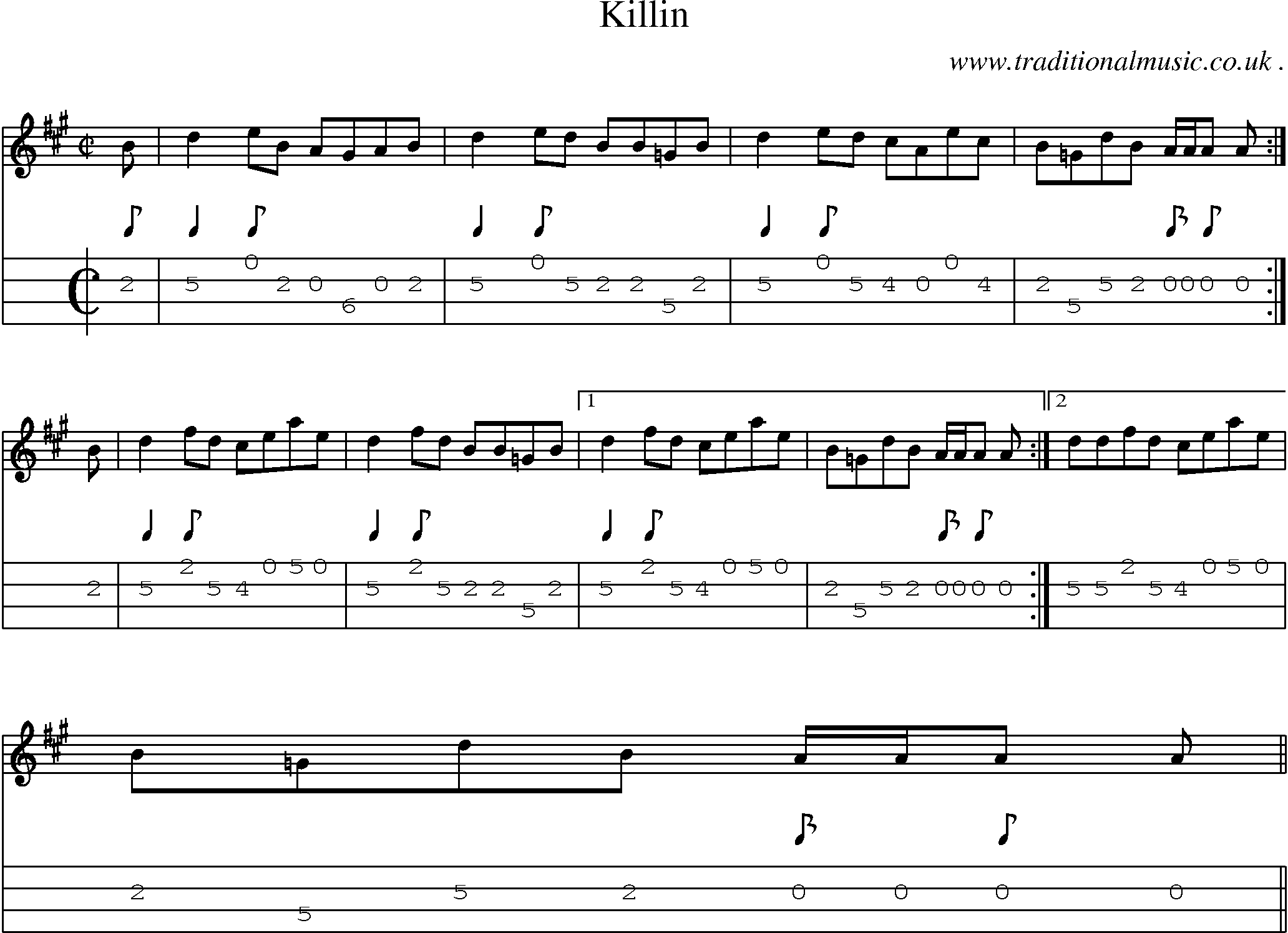 Sheet-music  score, Chords and Mandolin Tabs for Killin