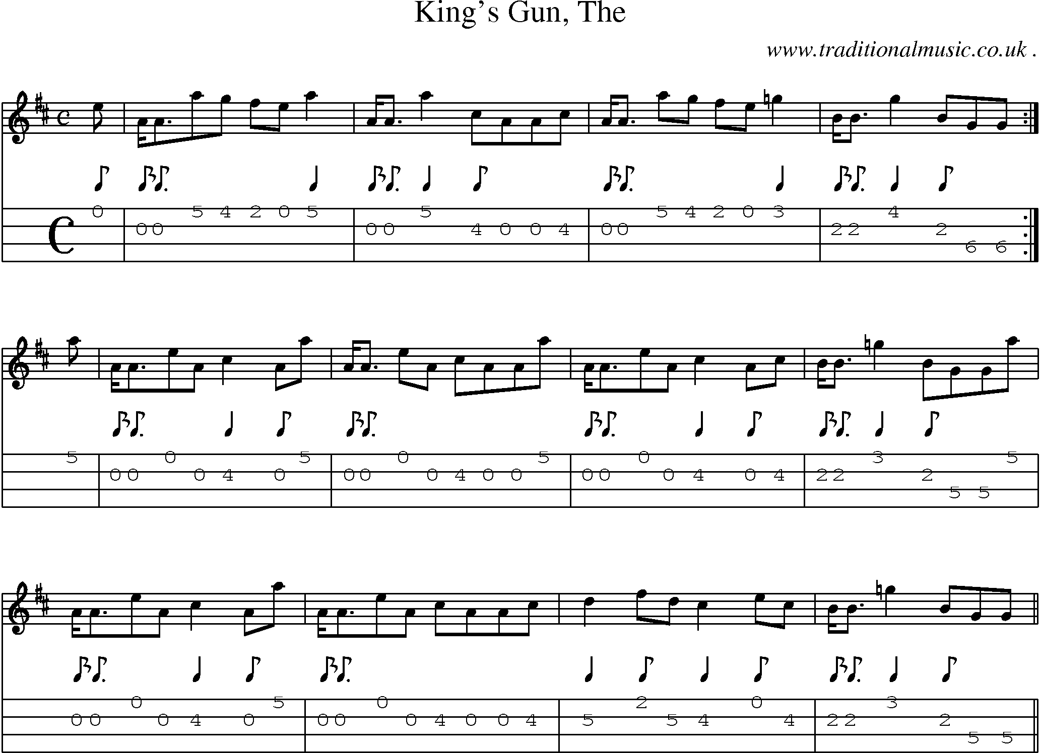 Sheet-music  score, Chords and Mandolin Tabs for Kings Gun The