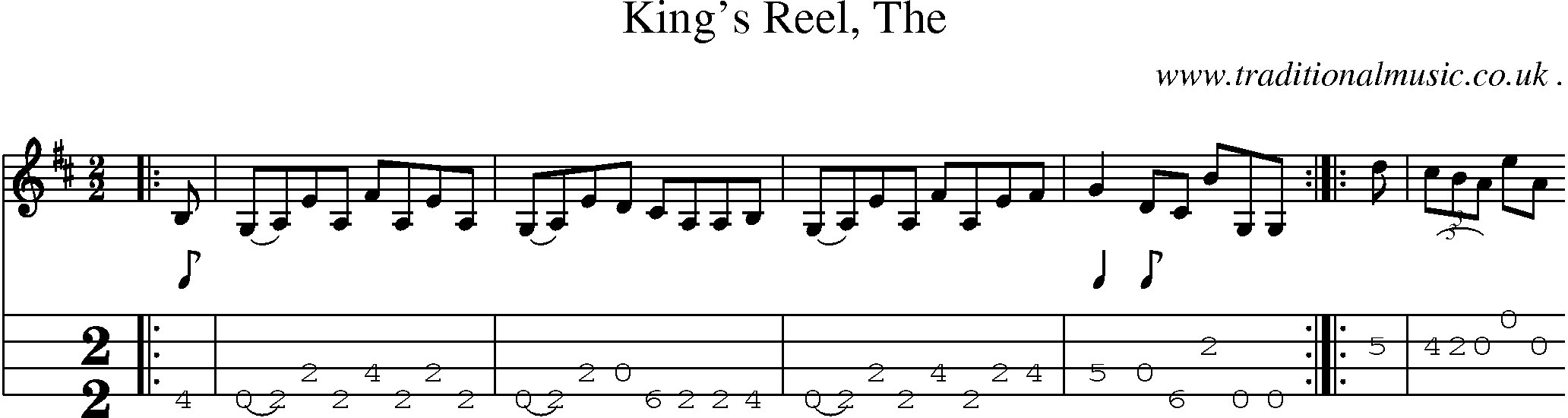 Sheet-music  score, Chords and Mandolin Tabs for Kings Reel The
