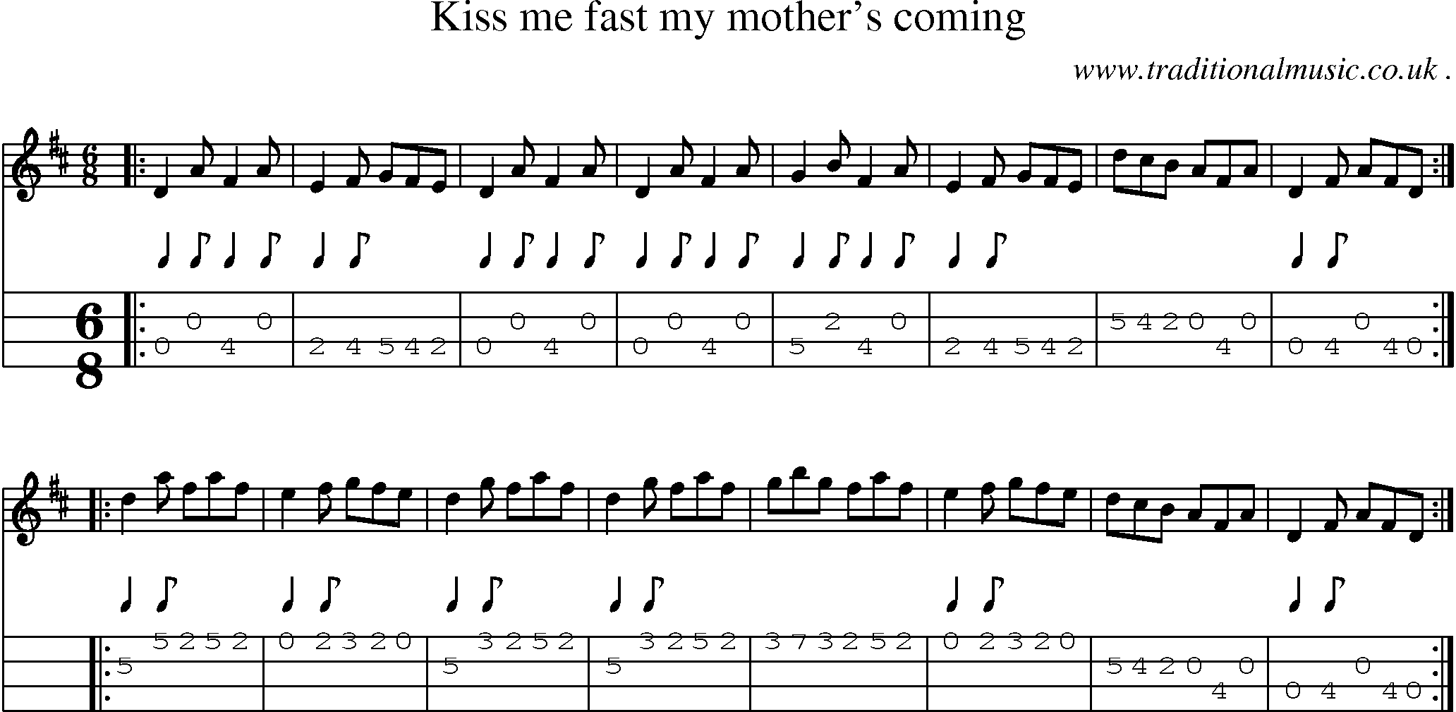 Sheet-music  score, Chords and Mandolin Tabs for Kiss Me Fast My Mothers Coming