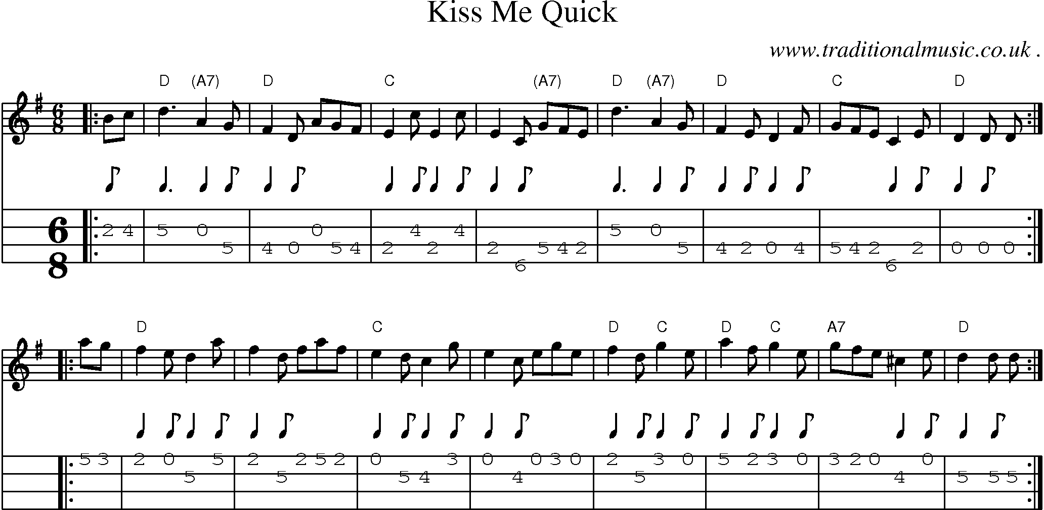 Sheet-music  score, Chords and Mandolin Tabs for Kiss Me Quick