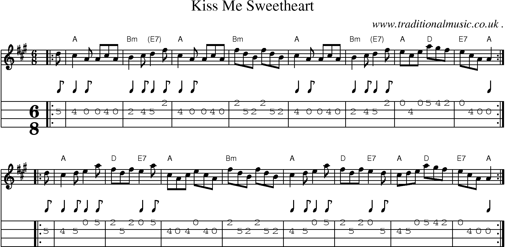 Sheet-music  score, Chords and Mandolin Tabs for Kiss Me Sweetheart