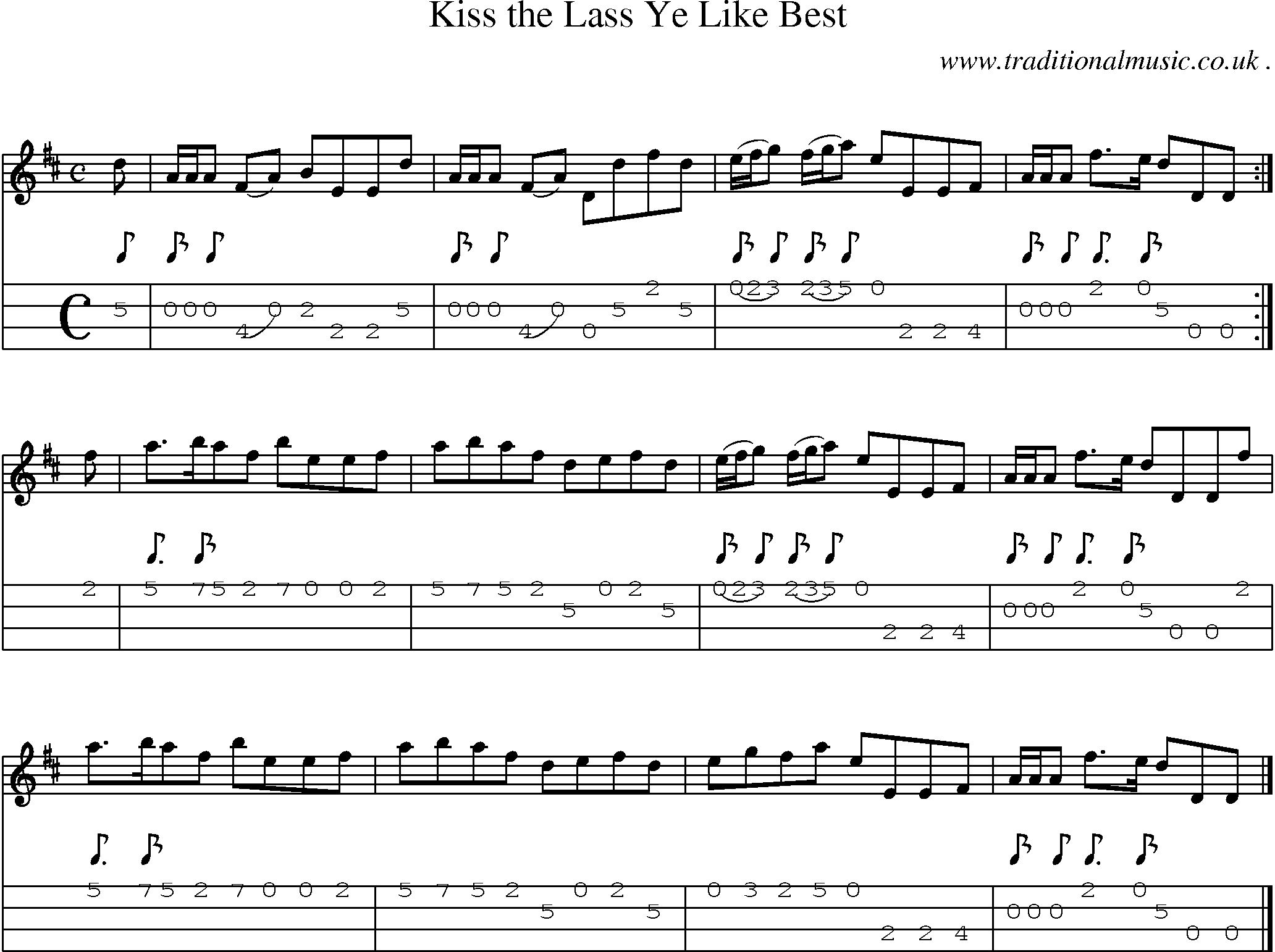 Sheet-music  score, Chords and Mandolin Tabs for Kiss The Lass Ye Like Best
