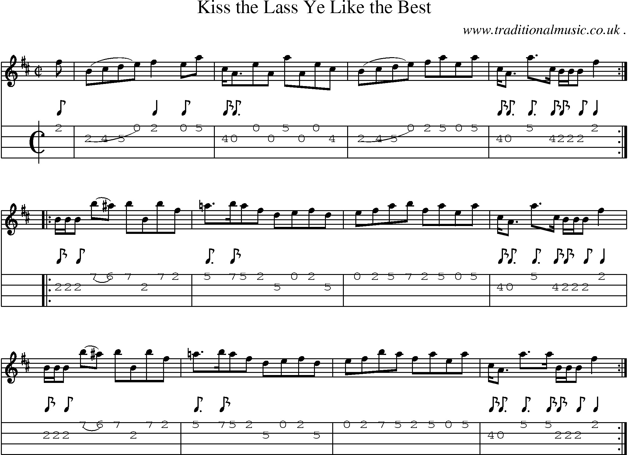 Sheet-music  score, Chords and Mandolin Tabs for Kiss The Lass Ye Like The Best