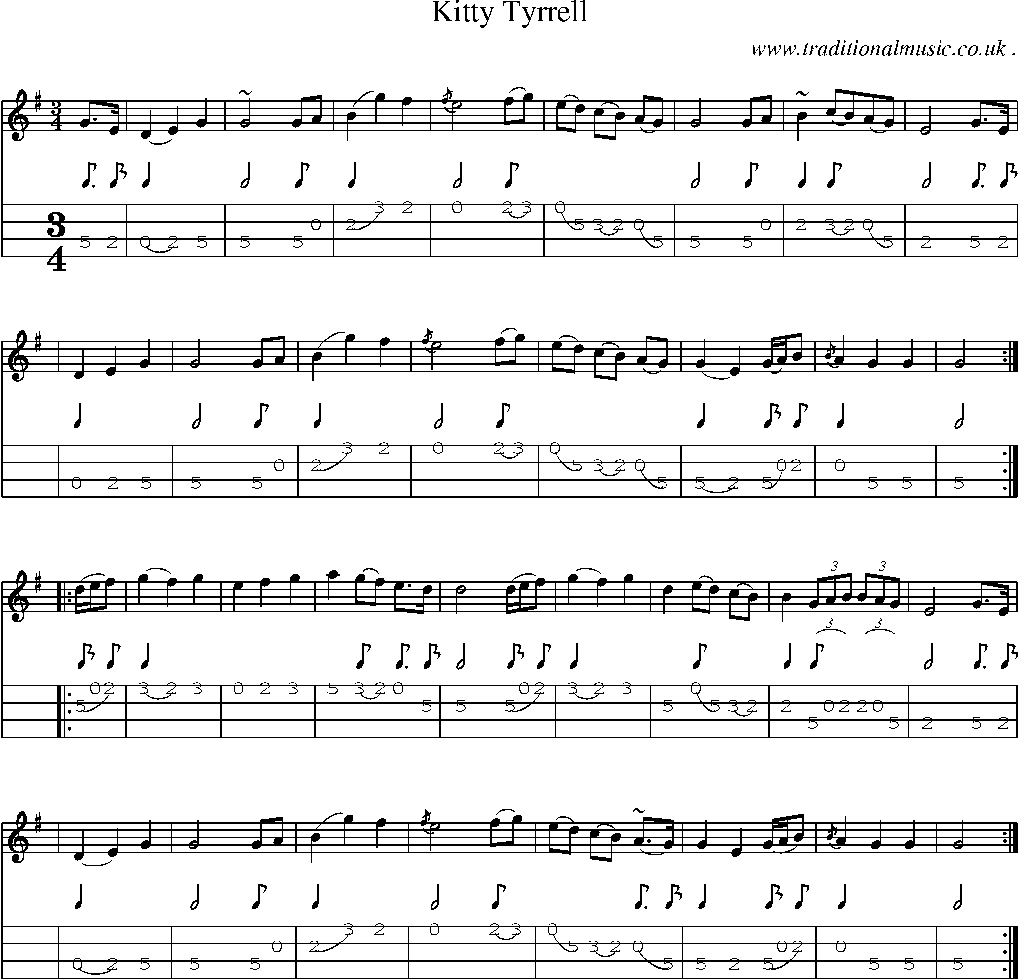 Sheet-music  score, Chords and Mandolin Tabs for Kitty Tyrrell