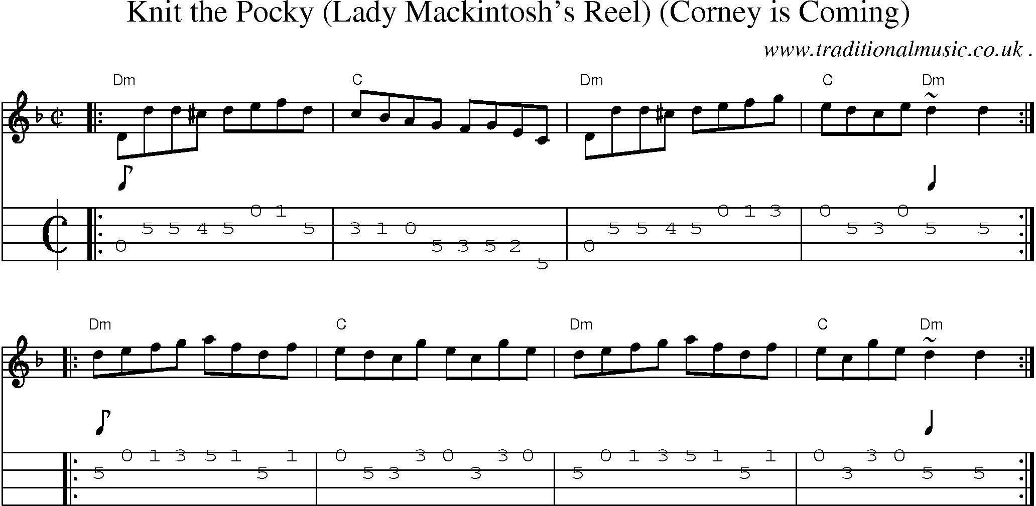 Sheet-music  score, Chords and Mandolin Tabs for Knit The Pocky Lady Mackintoshs Reel Corney Is Coming