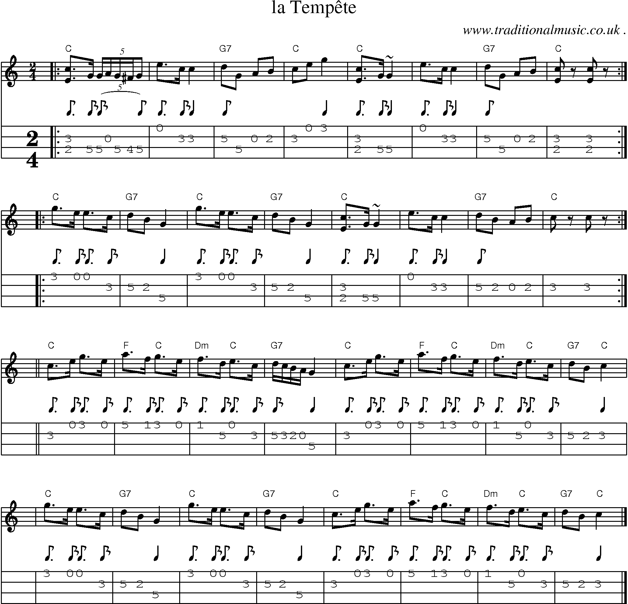 Sheet-music  score, Chords and Mandolin Tabs for La Tempete