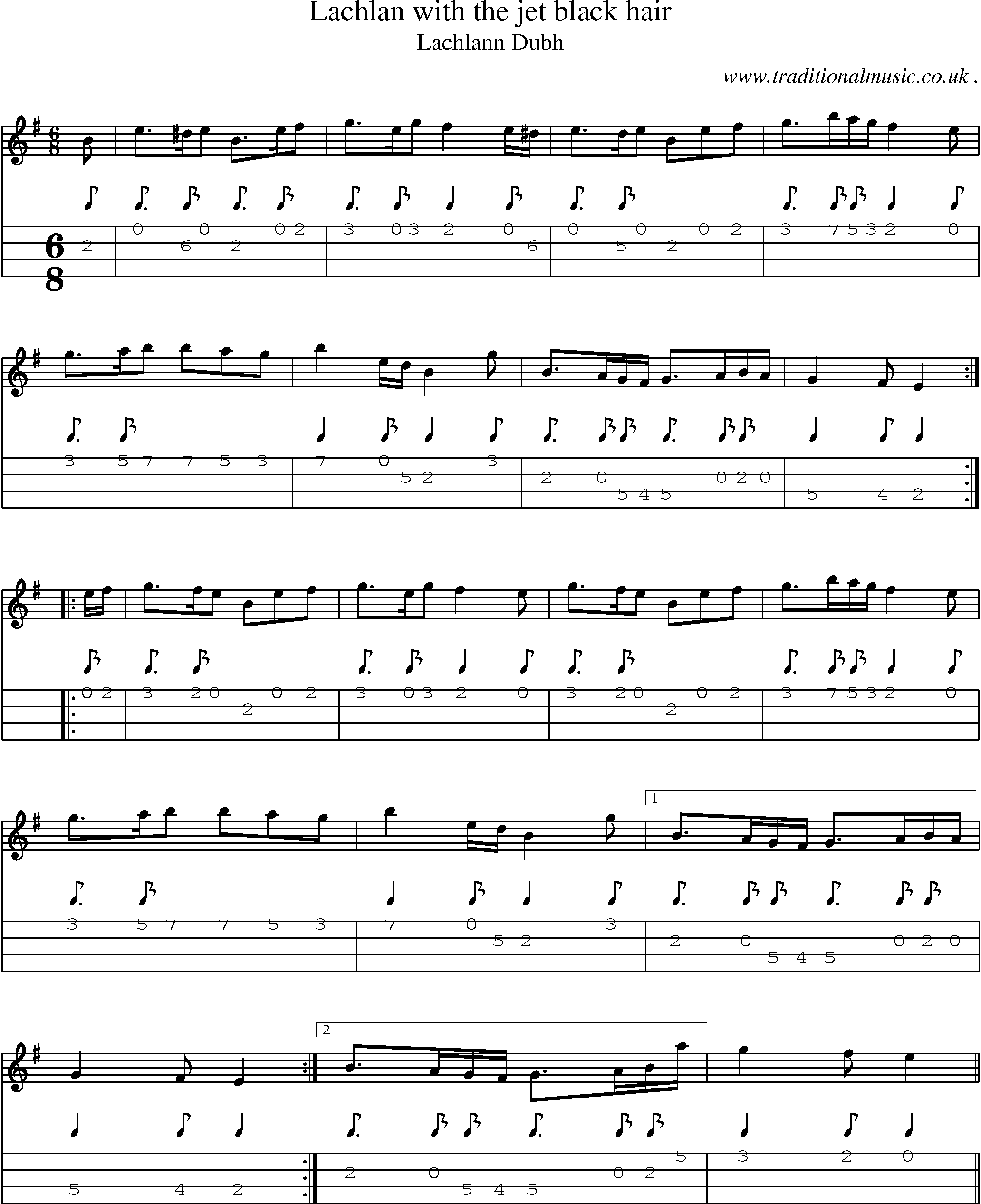 Sheet-music  score, Chords and Mandolin Tabs for Lachlan With The Jet Black Hair