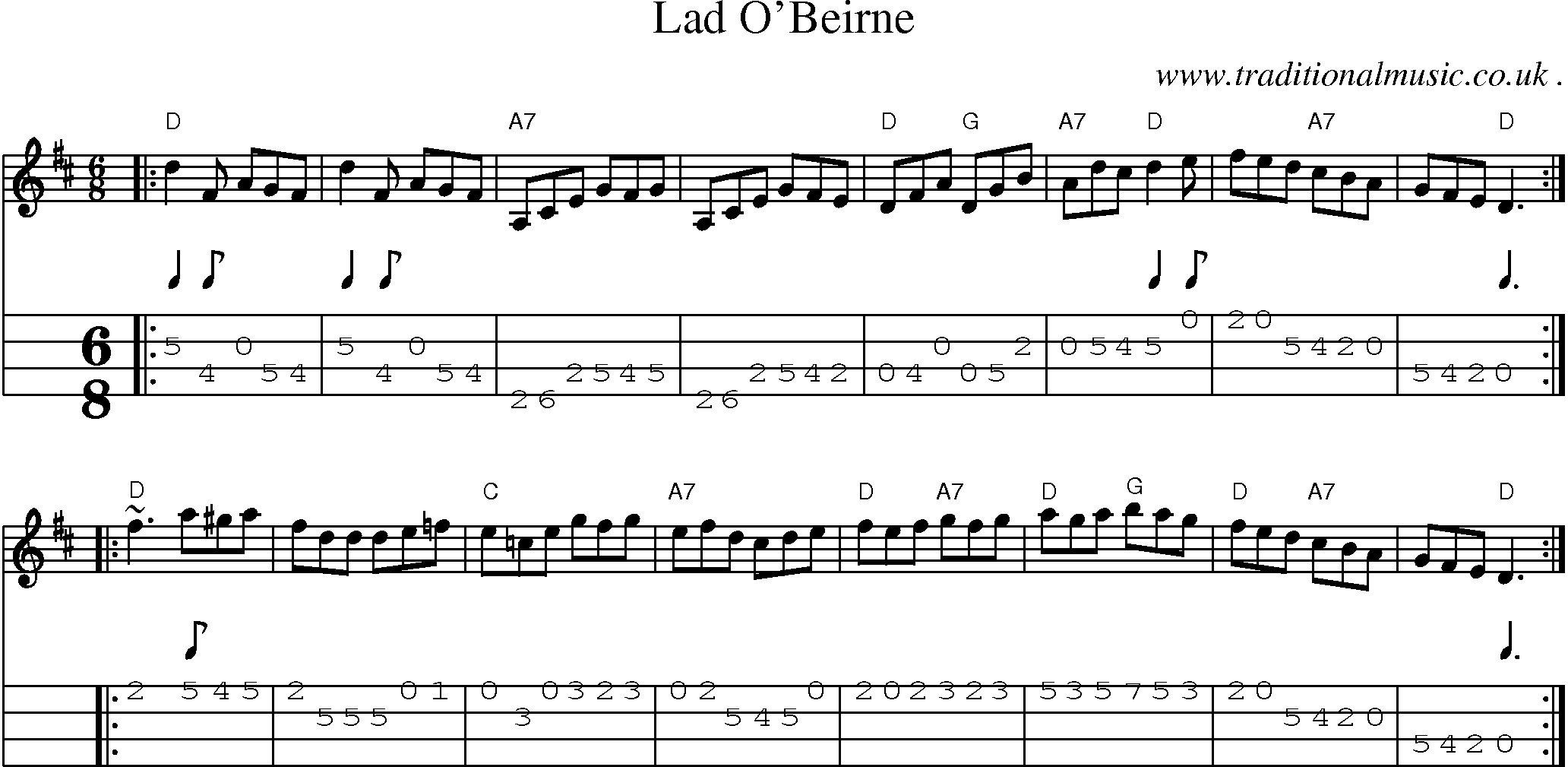 Sheet-music  score, Chords and Mandolin Tabs for Lad Obeirne