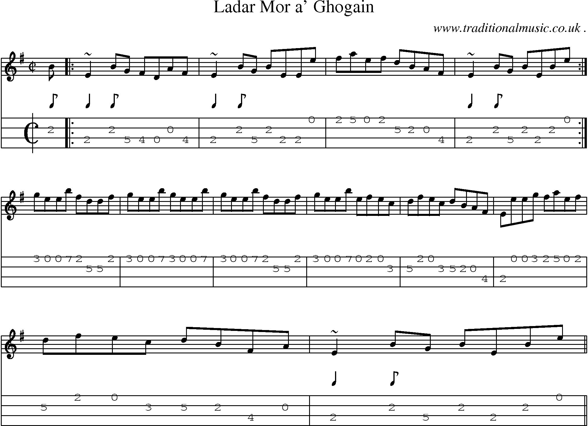 Sheet-music  score, Chords and Mandolin Tabs for Ladar Mor A Ghogain