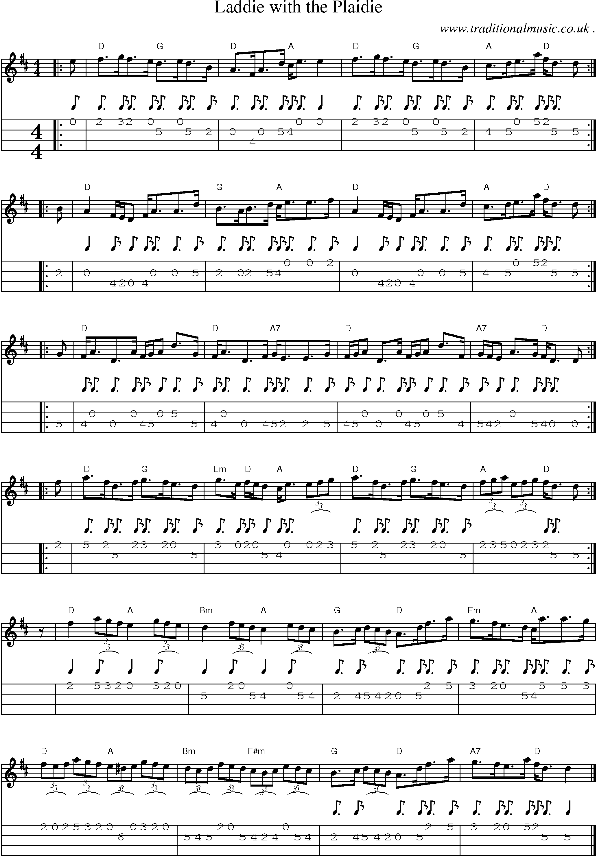 Sheet-music  score, Chords and Mandolin Tabs for Laddie With The Plaidie