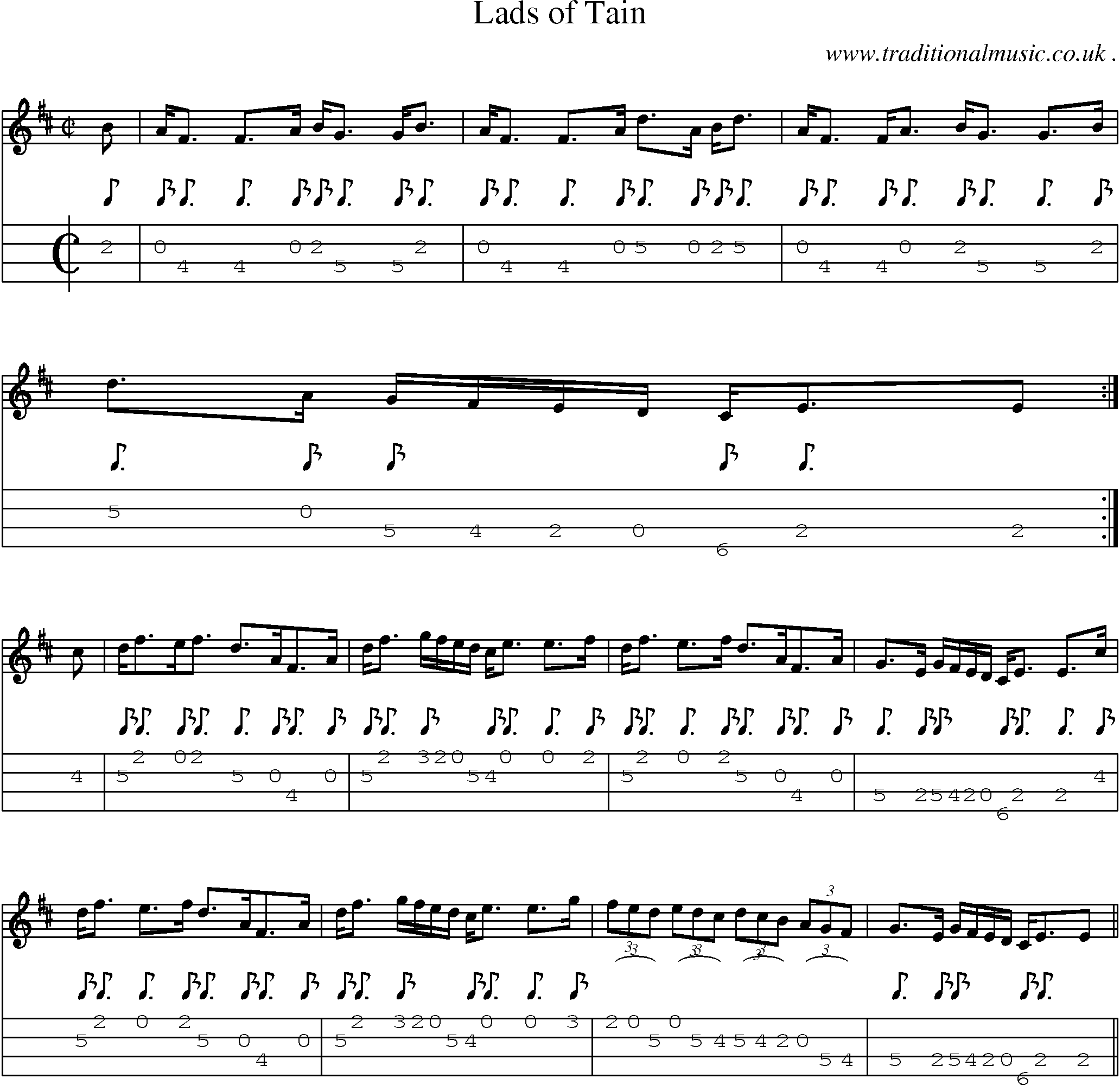 Sheet-music  score, Chords and Mandolin Tabs for Lads Of Tain