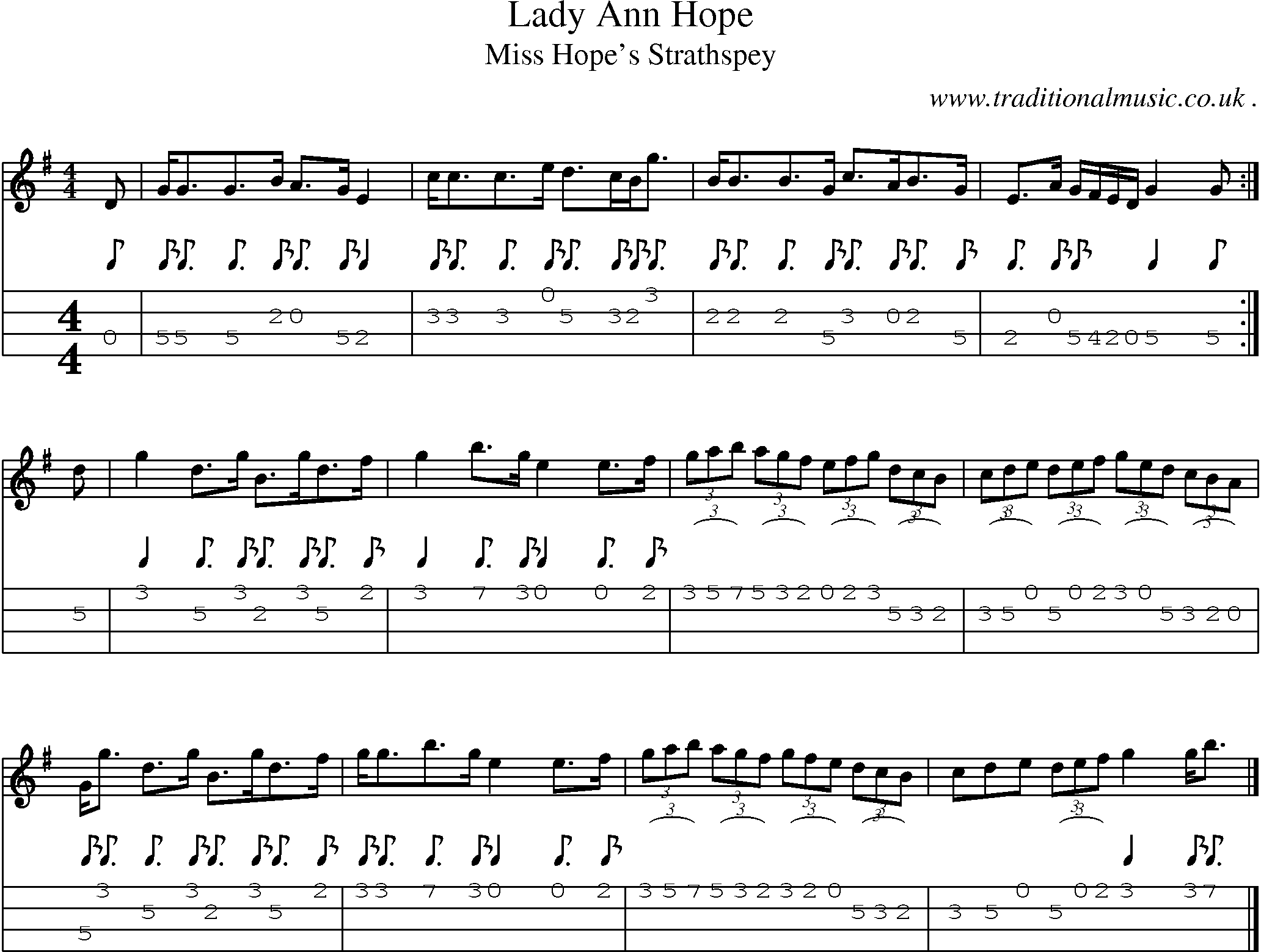 Sheet-music  score, Chords and Mandolin Tabs for Lady Ann Hope 