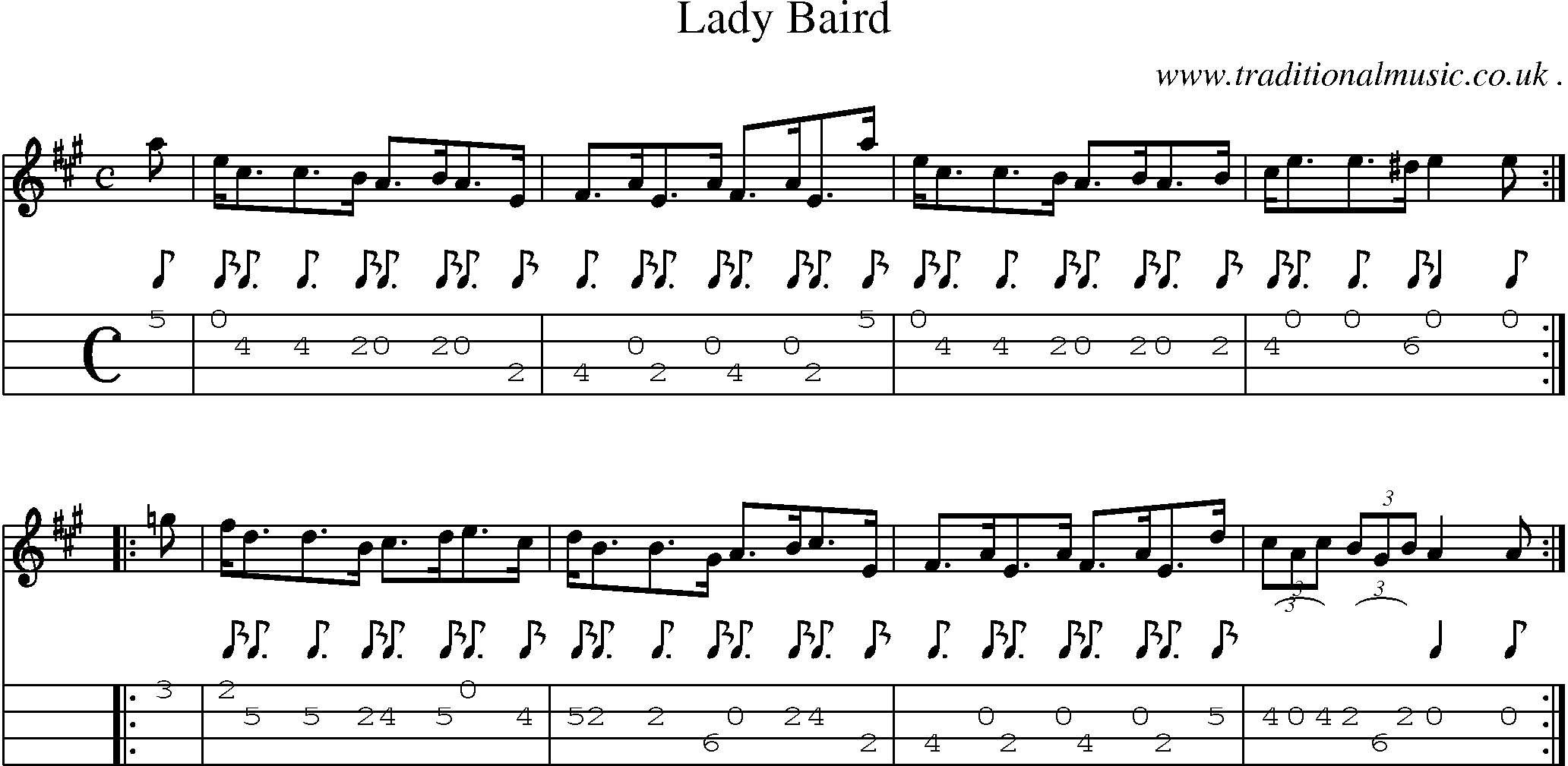 Sheet-music  score, Chords and Mandolin Tabs for Lady Baird