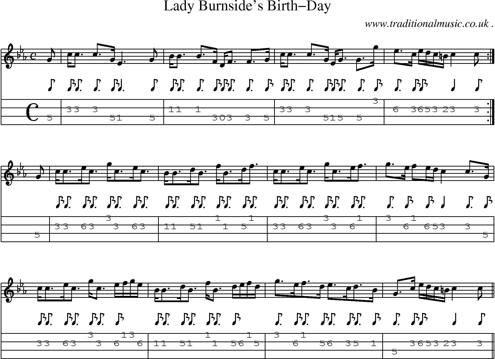 Sheet-music  score, Chords and Mandolin Tabs for Lady Burnsides Birth-day