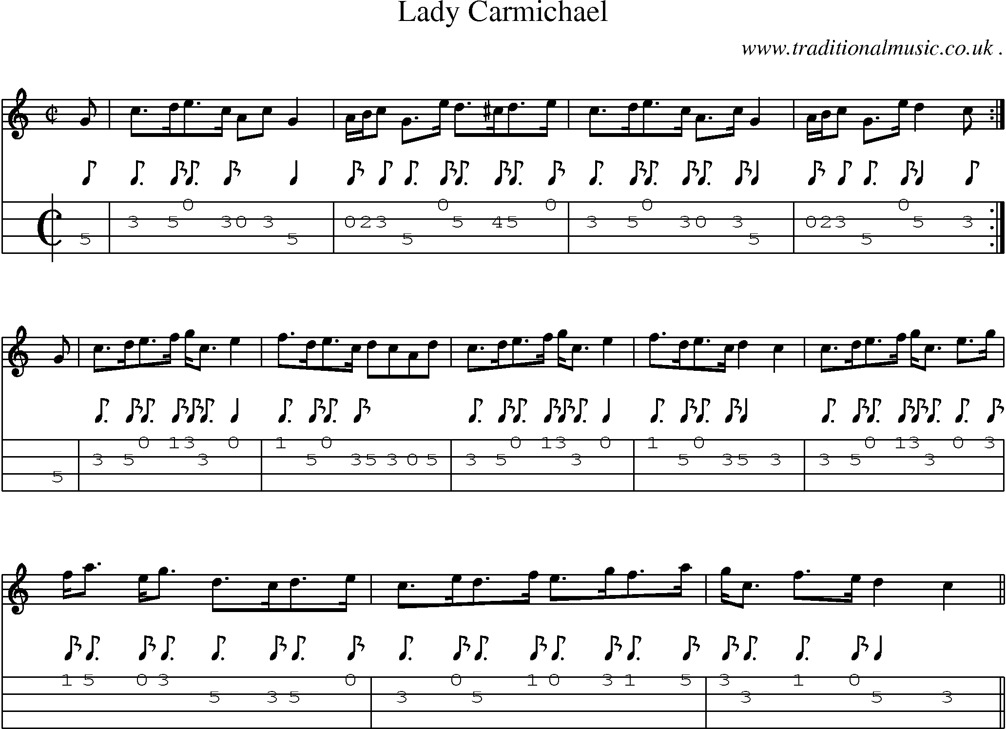 Sheet-music  score, Chords and Mandolin Tabs for Lady Carmichael