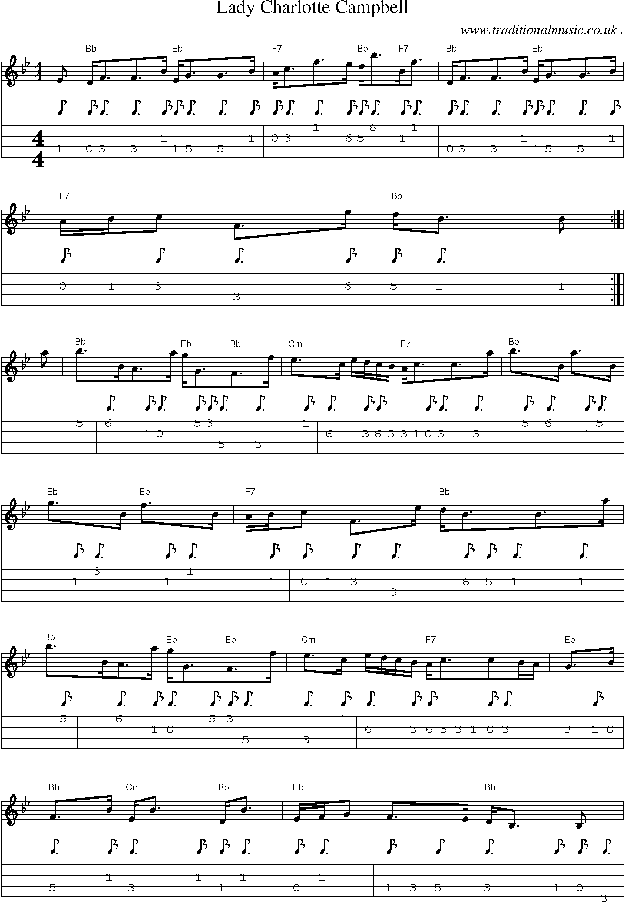 Sheet-music  score, Chords and Mandolin Tabs for Lady Charlotte Campbell