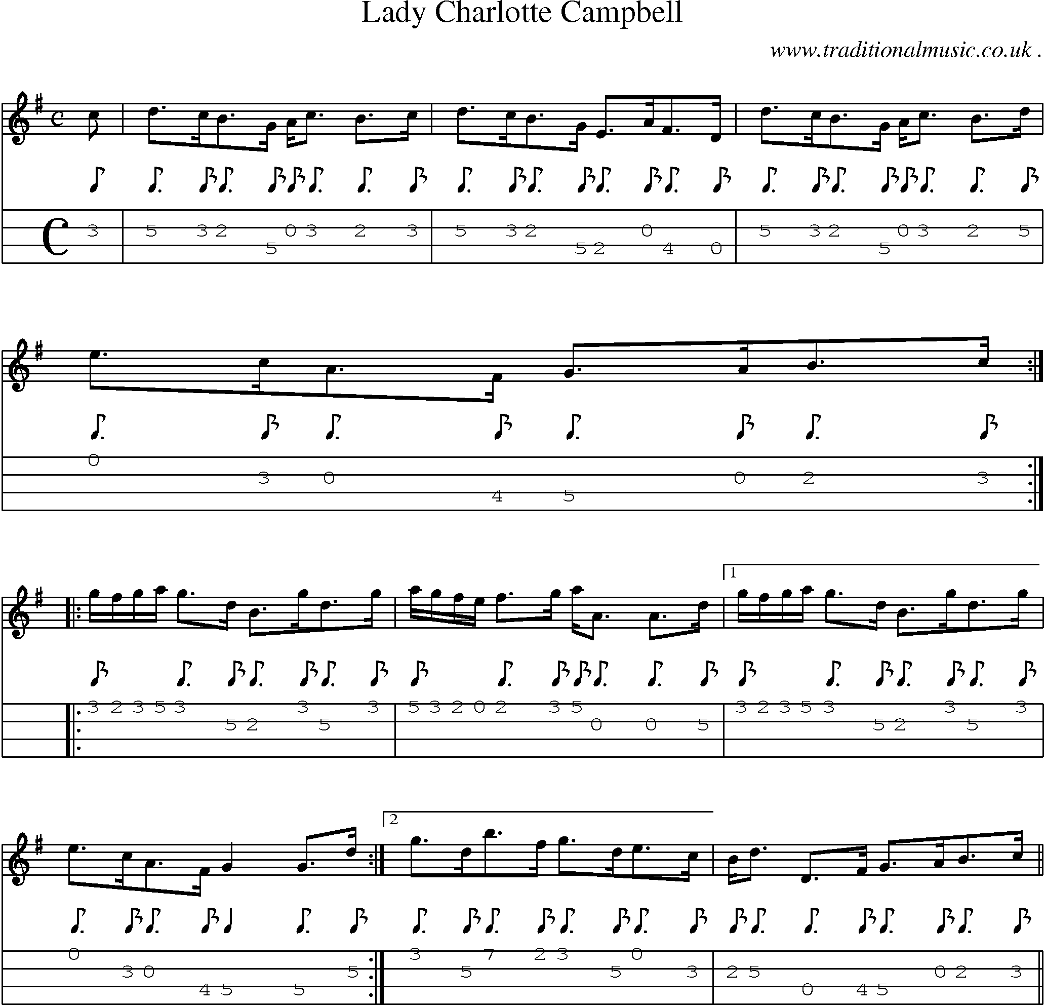 Sheet-music  score, Chords and Mandolin Tabs for Lady Charlotte Campbell 