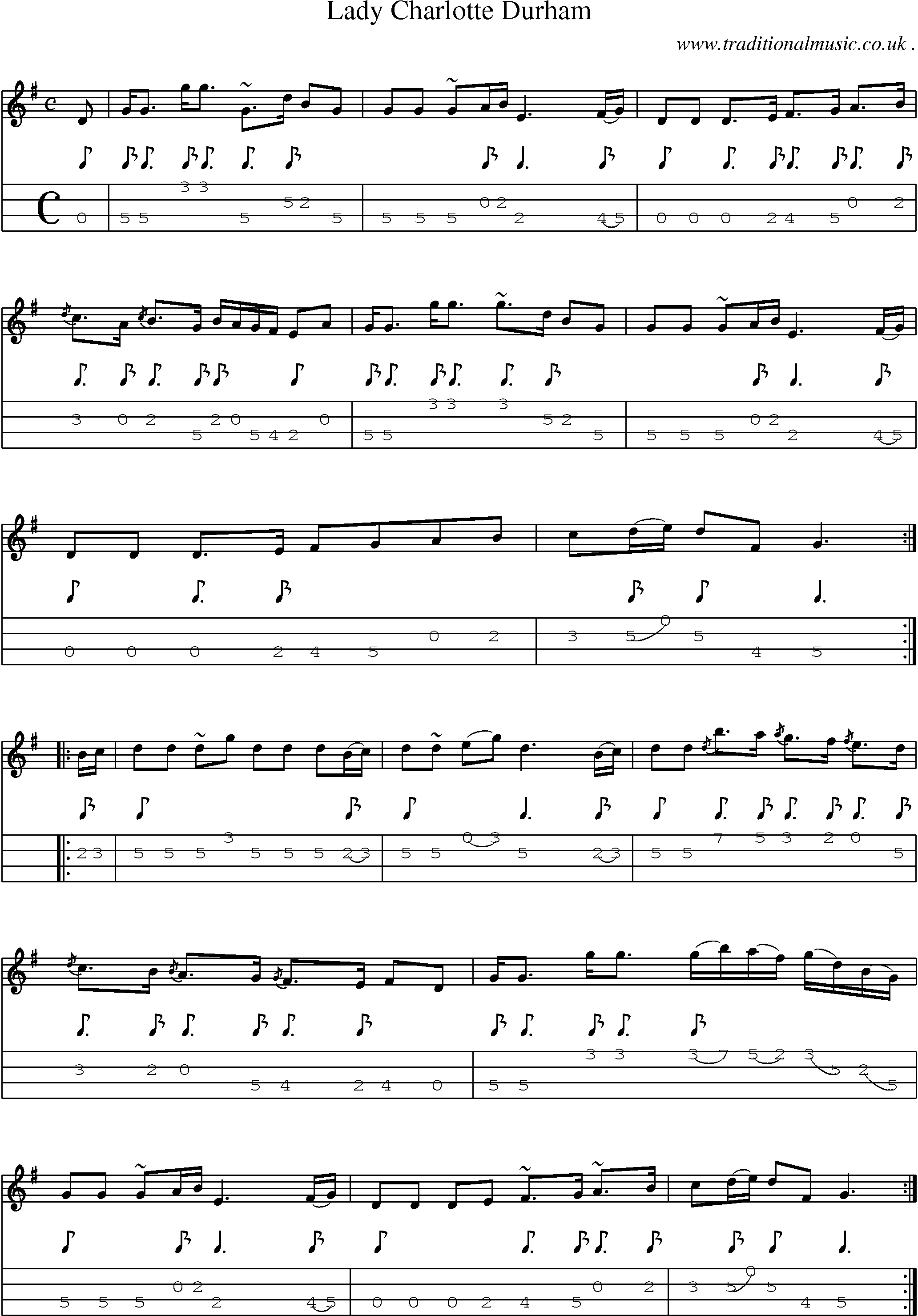 Sheet-music  score, Chords and Mandolin Tabs for Lady Charlotte Durham