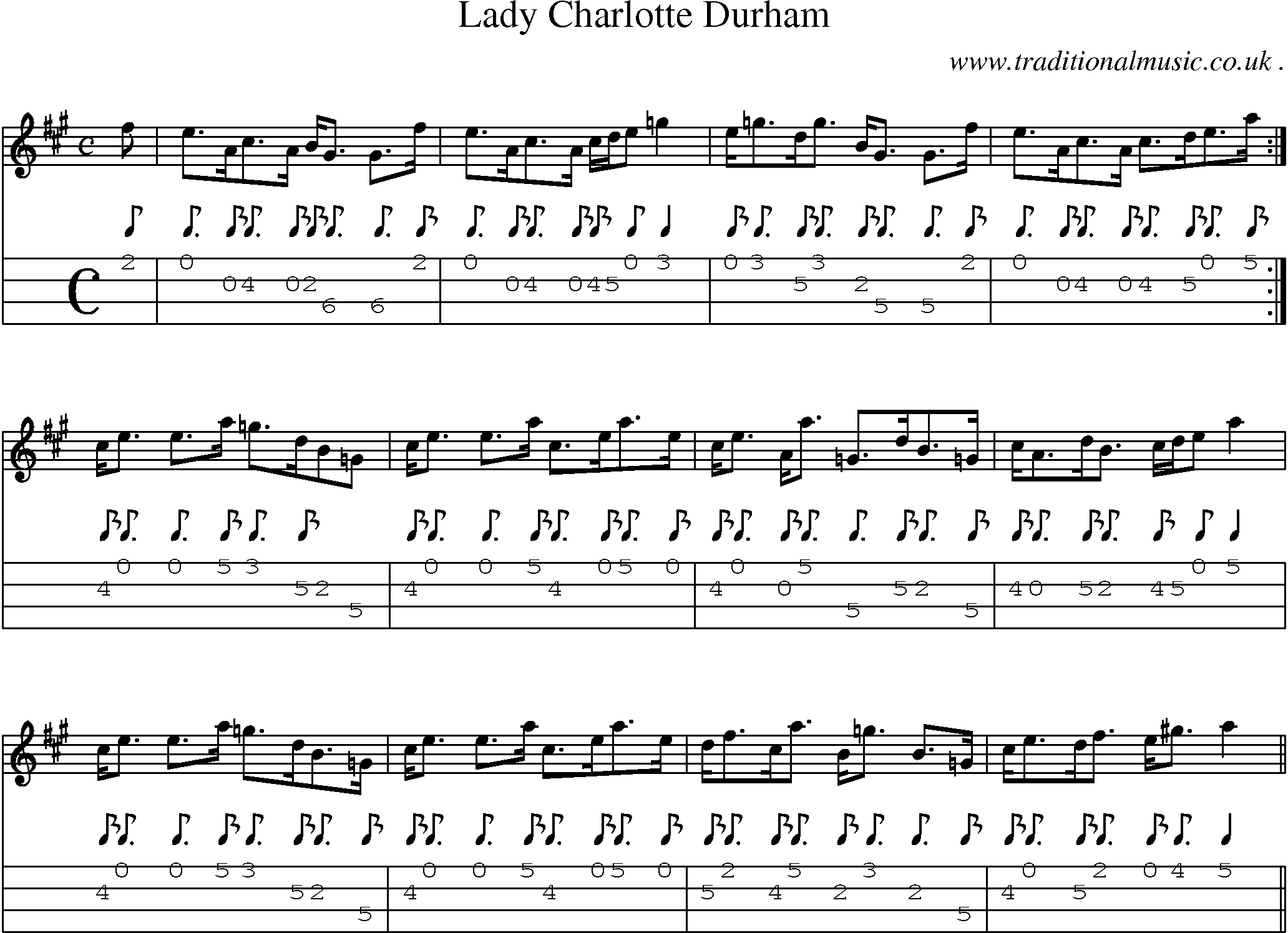 Sheet-music  score, Chords and Mandolin Tabs for Lady Charlotte Durham 