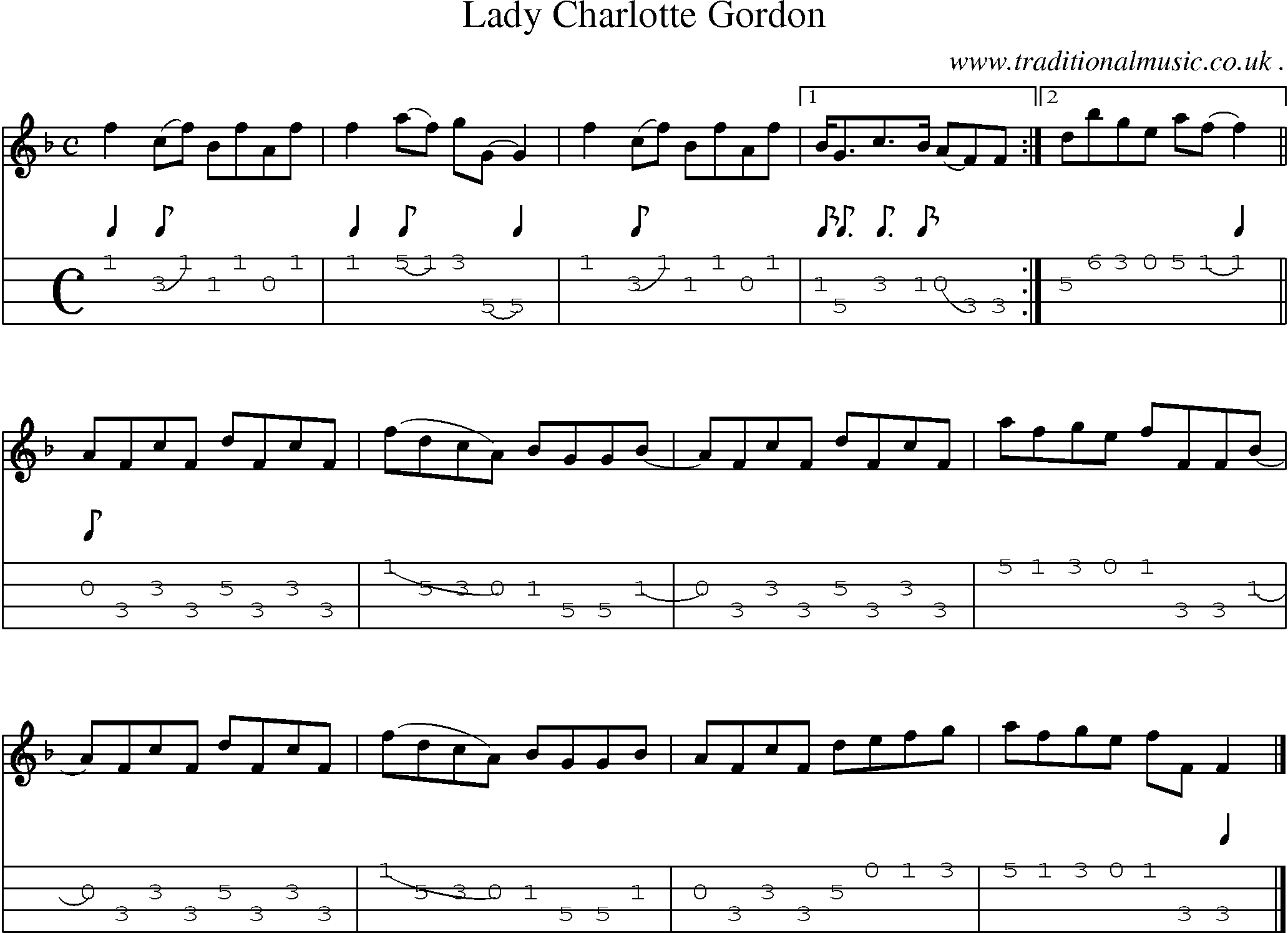 Sheet-music  score, Chords and Mandolin Tabs for Lady Charlotte Gordon